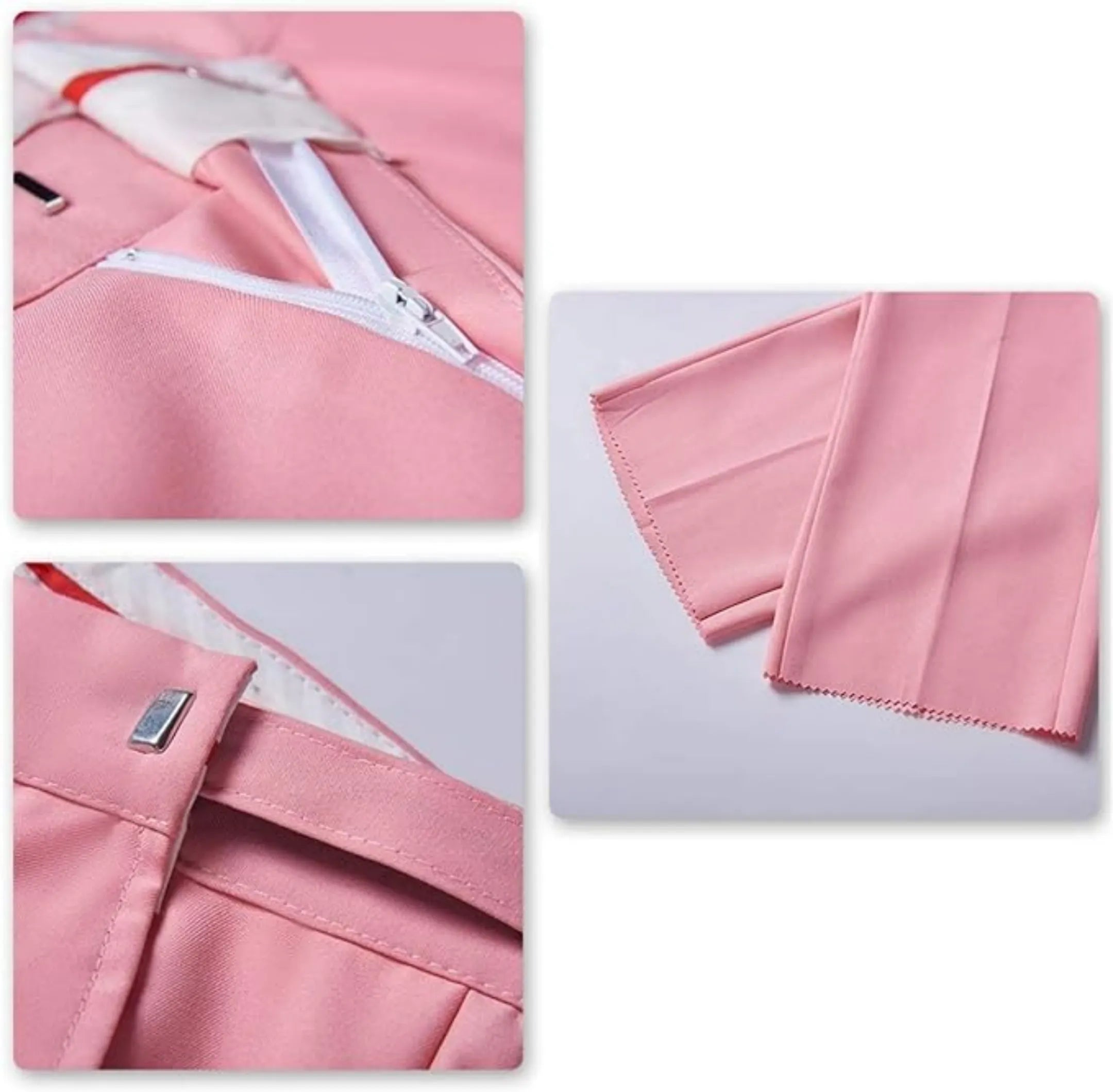 close-up of men's pink suit trousers showing the waistband, zipper, and hem with neat stitching, perfect for casual or formal events.