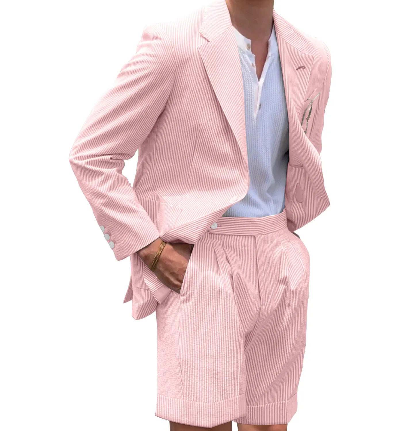 Pink striped seersucker shorts suit for men – casual 2 piece summer outfit with blazer