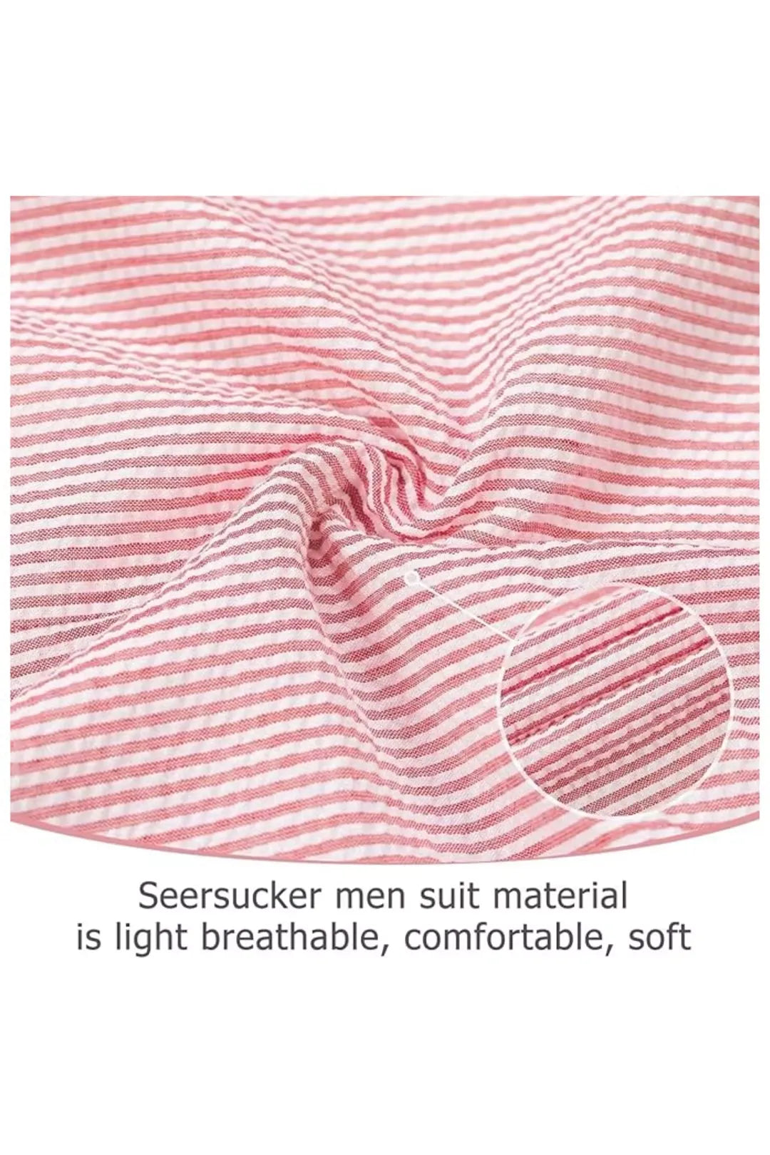 Close-up of pink-and-white seersucker fabric texture, featuring soft stripes for breathability.