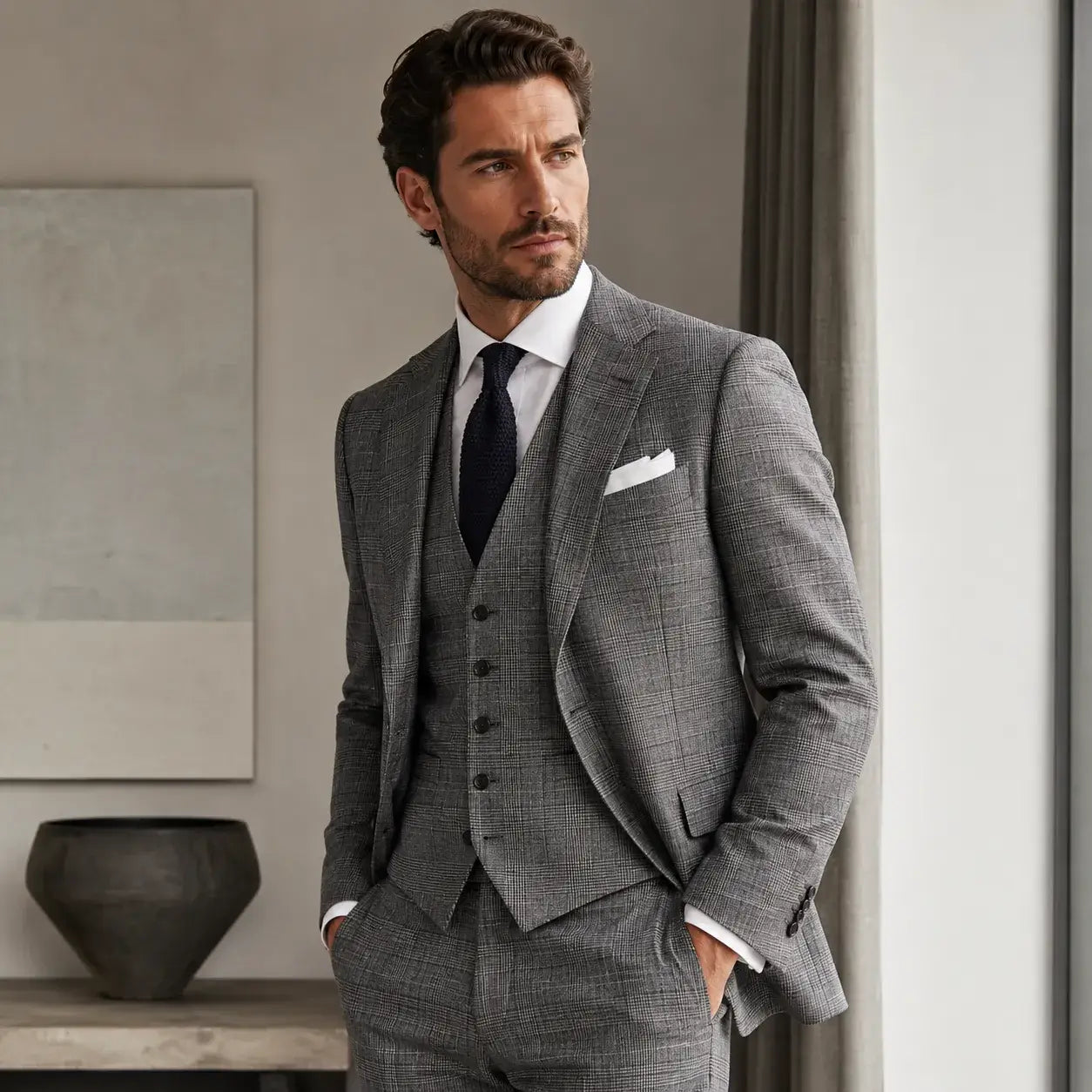 Men's grey plaid 3 piece suit with matching jacket, vest, and trousers.
