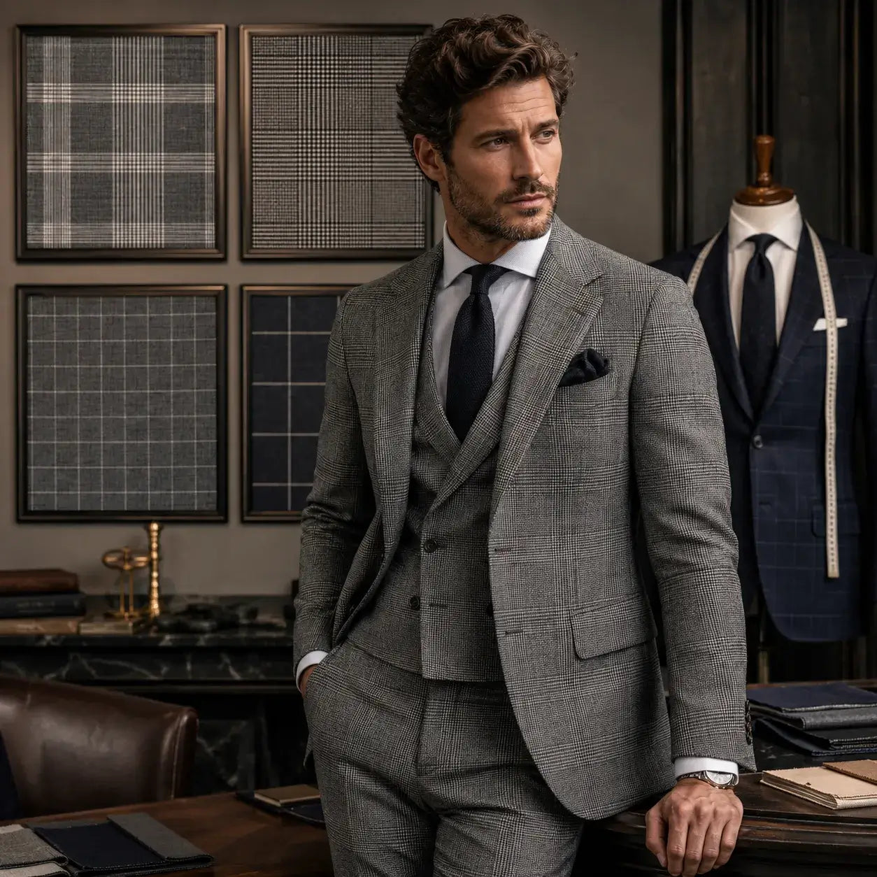 Men's grey plaid suit with check, glen plaid, and windowpane pattern samples.