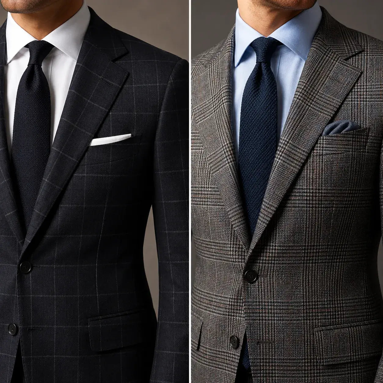 Men's plaid suit vs check suit comparison showing regular check and layered plaid patterns.