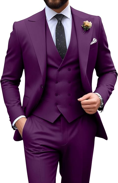 plum slim fit 3 piece groom suit with peak lapel blazer, double breasted vest and pants for modern wedding style