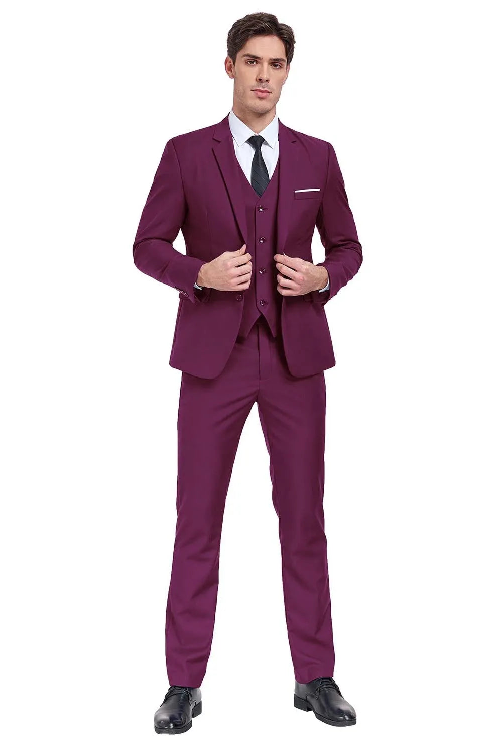 front view of plum two button 3 piece men's suit with blazer, vest, and trousers – slim fit wedding style