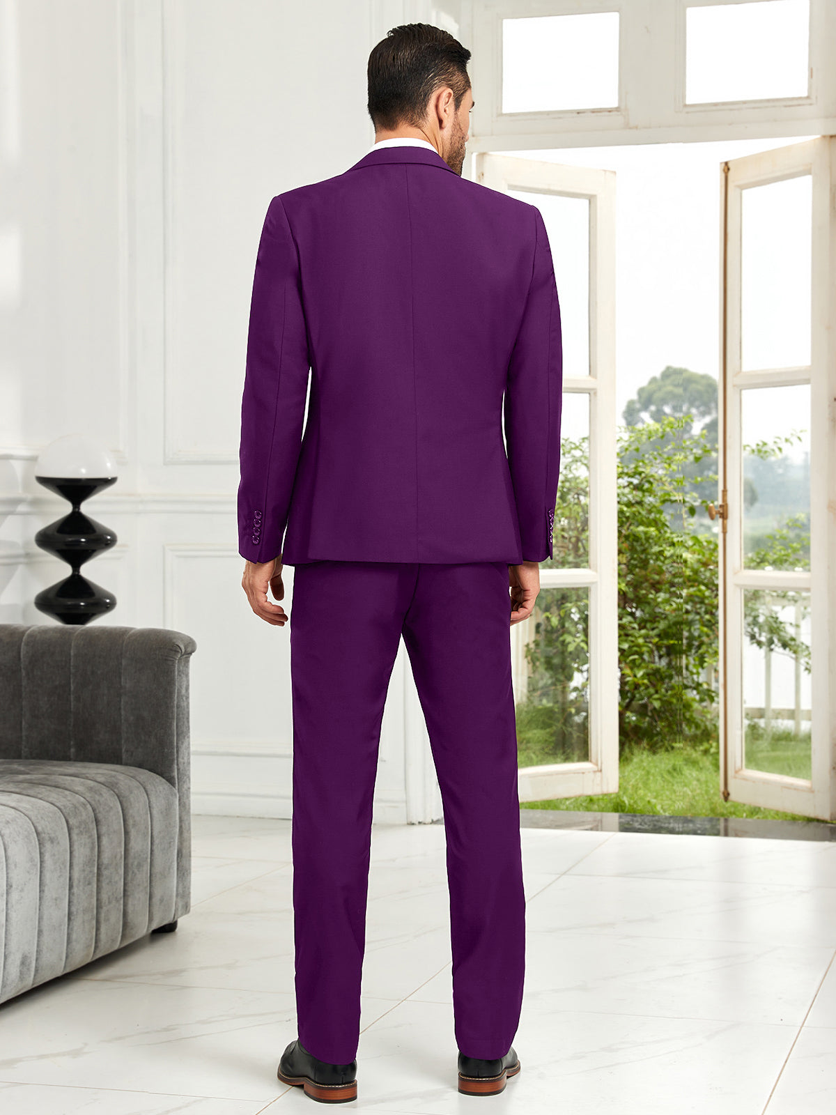 Elegant plum formal suit set for men – blazer, vest, pants for prom or wedding