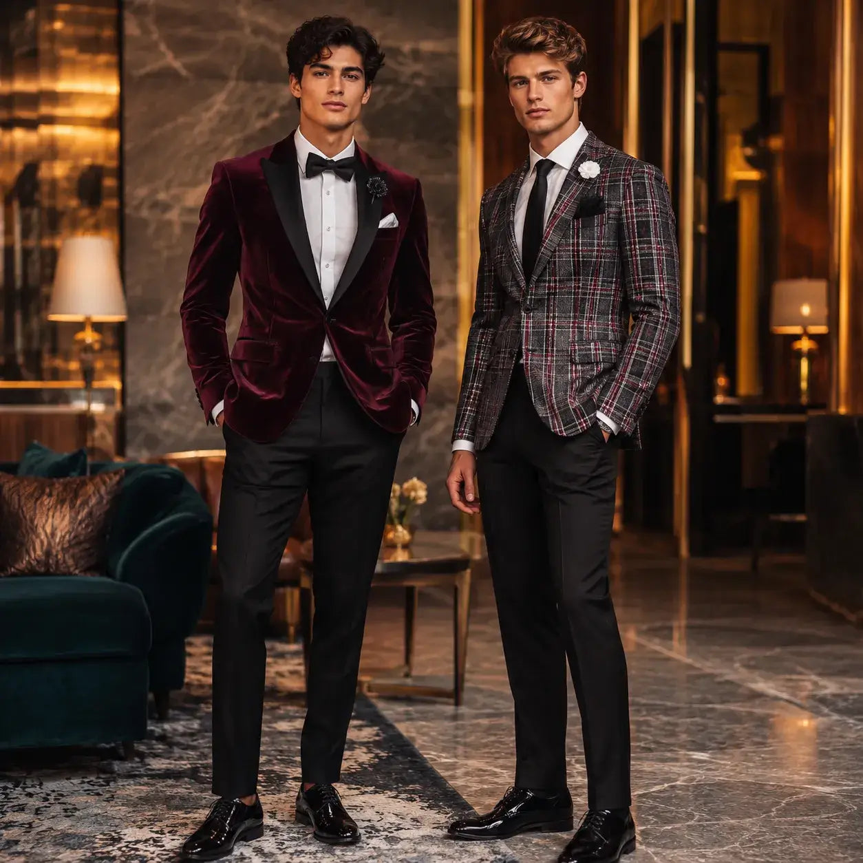 Two men wearing burgundy velvet and plaid prom blazers with black suit pants in an upscale indoor lounge.
