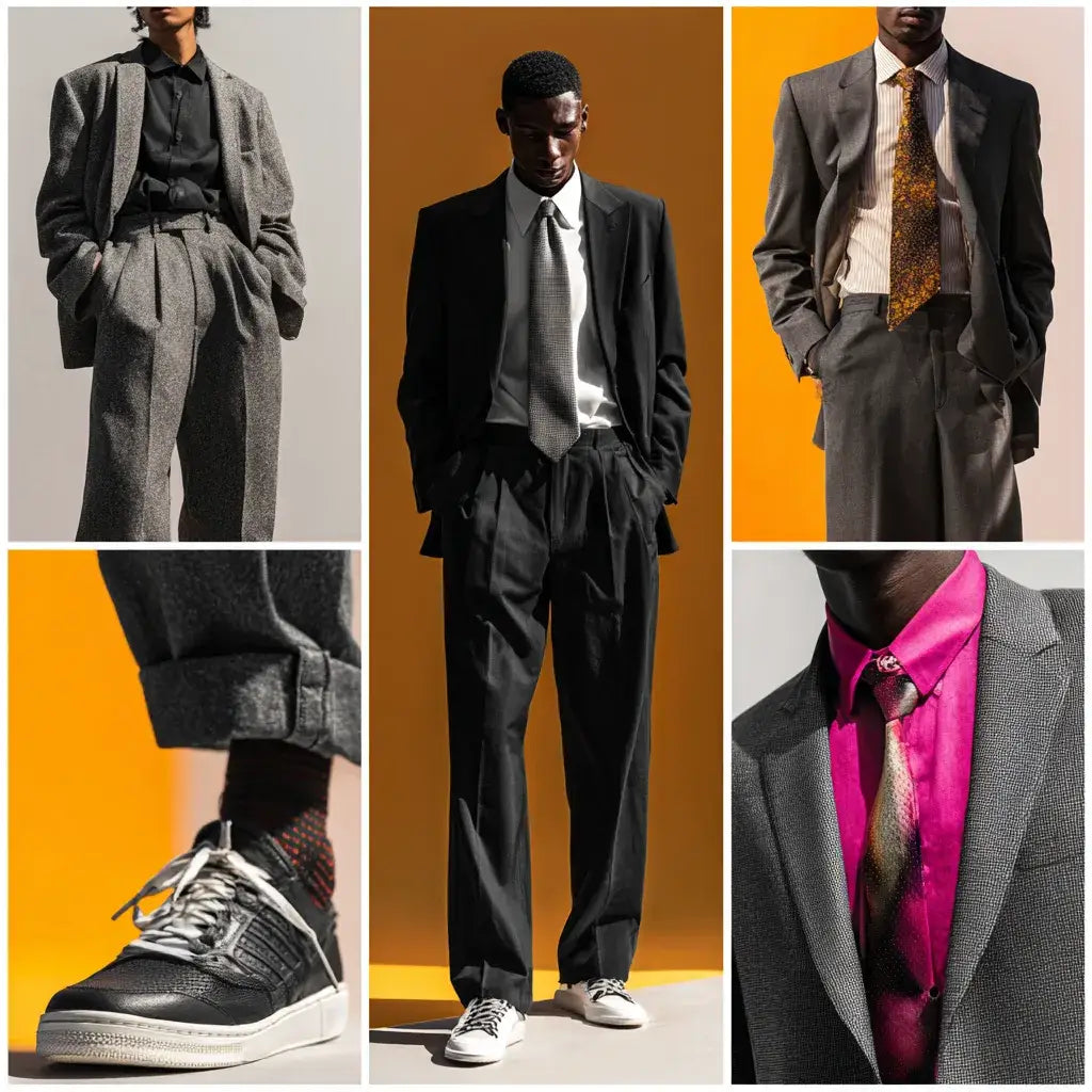Collage of common prom outfit mistakes, including an oversized suit fit, sneakers with a suit, and overly loud styling.