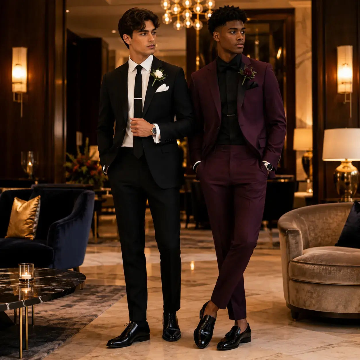 Two men wearing prom suits with dress shirts, ties, pocket squares, boutonnieres, and polished dress shoes in an upscale indoor lounge.
