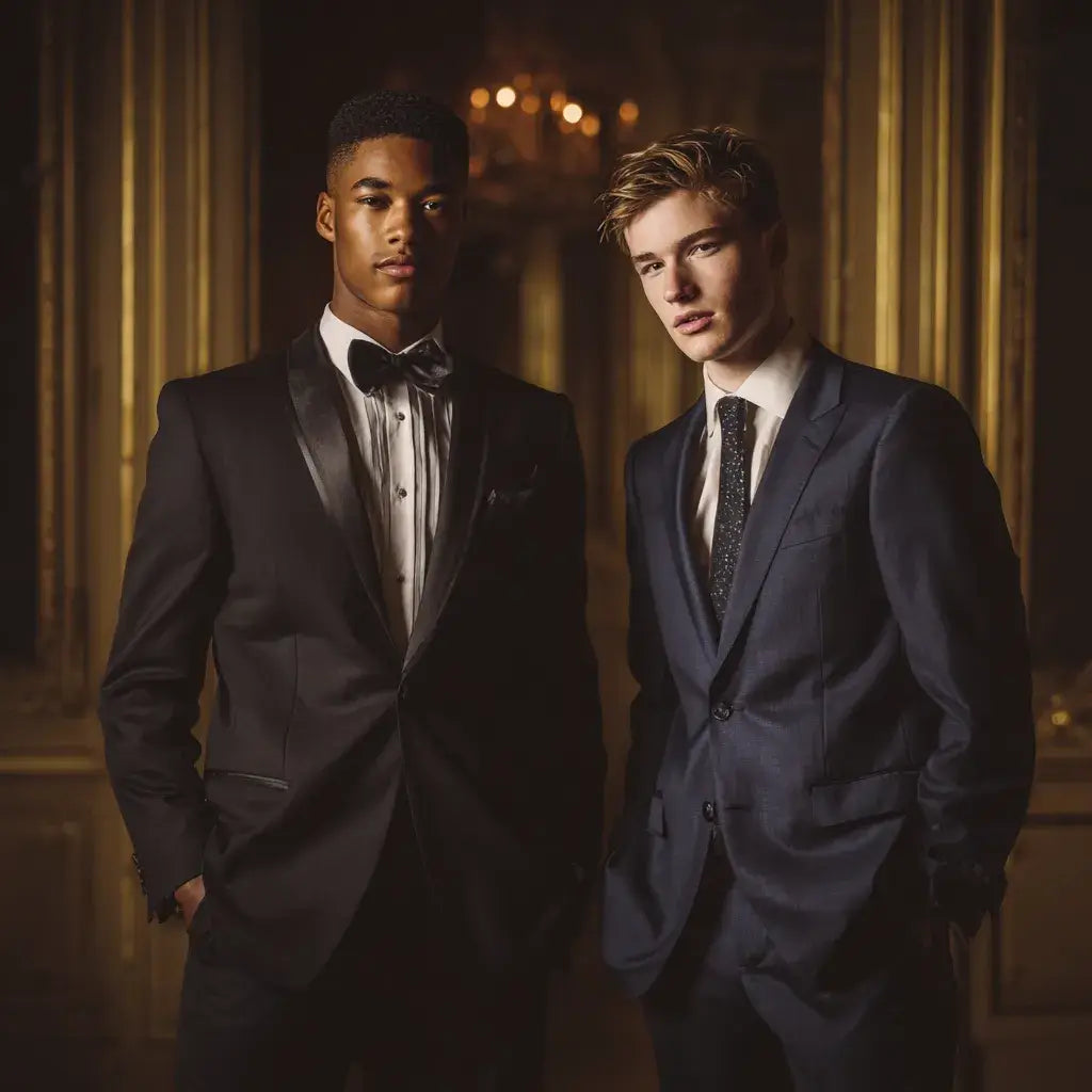 Two prom looks side by side: a black tuxedo with satin lapels and bow tie and a navy suit with a necktie.