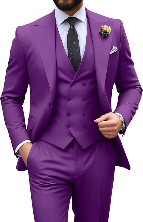purple slim fit 3 piece groom suit with peak lapel blazer, double breasted vest and pants for modern wedding style