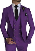 Load image into Gallery viewer, front view of men's purple double-breasted 3 piece suit – includes blazer, vest, and trousers, styled with black tie and lapel pin
