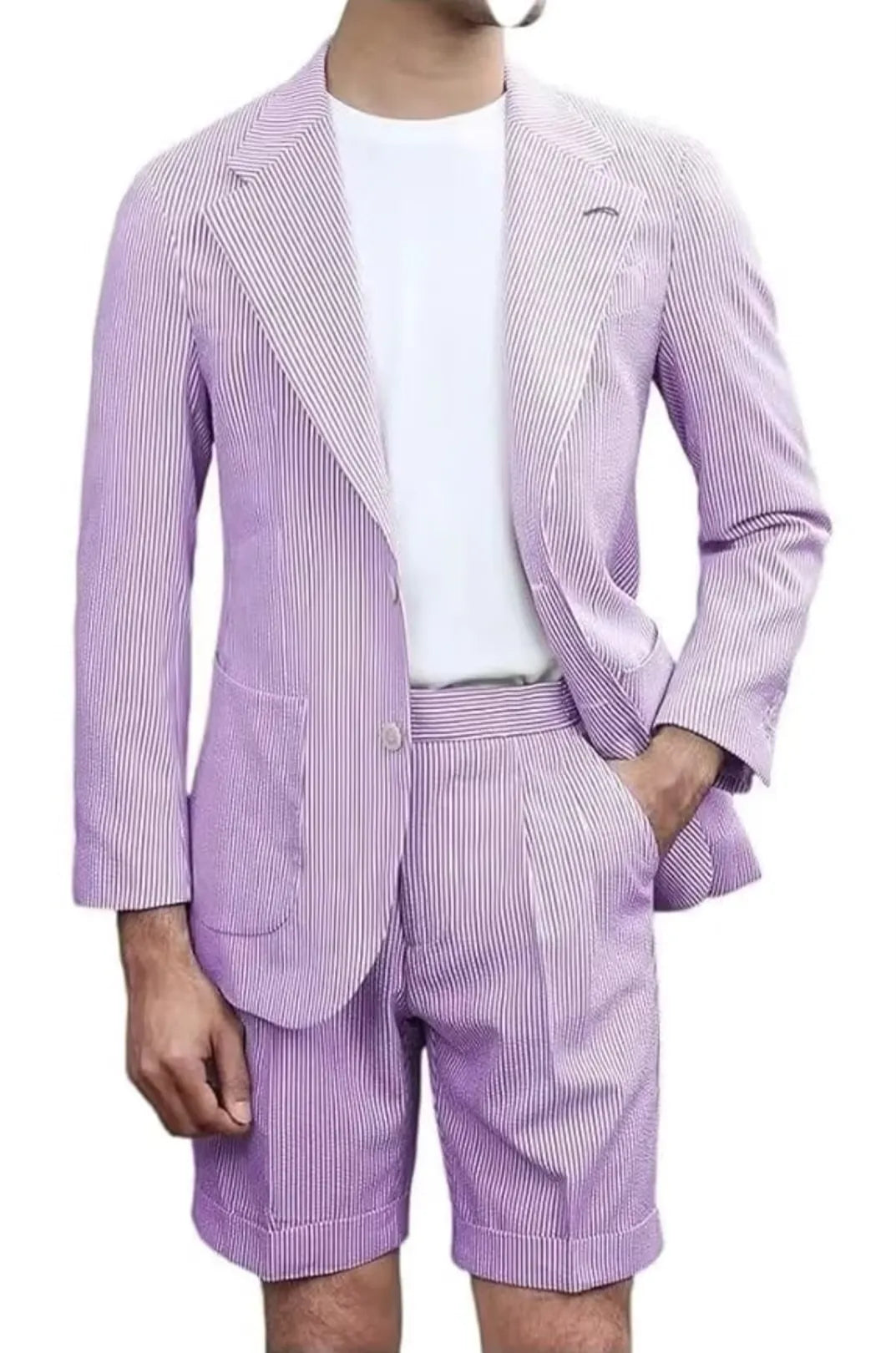 purple striped seersucker shorts suit for men – lightweight summer blazer with shorts
