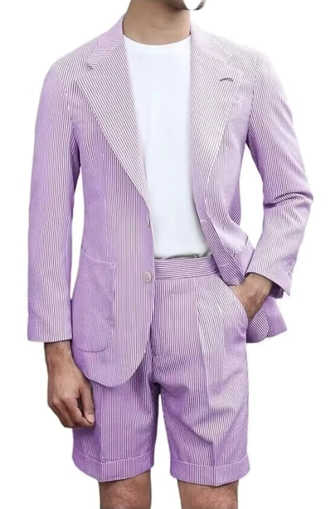 purple men's 2 piece seersucker suit set – breathable summer outfit with striped fabric