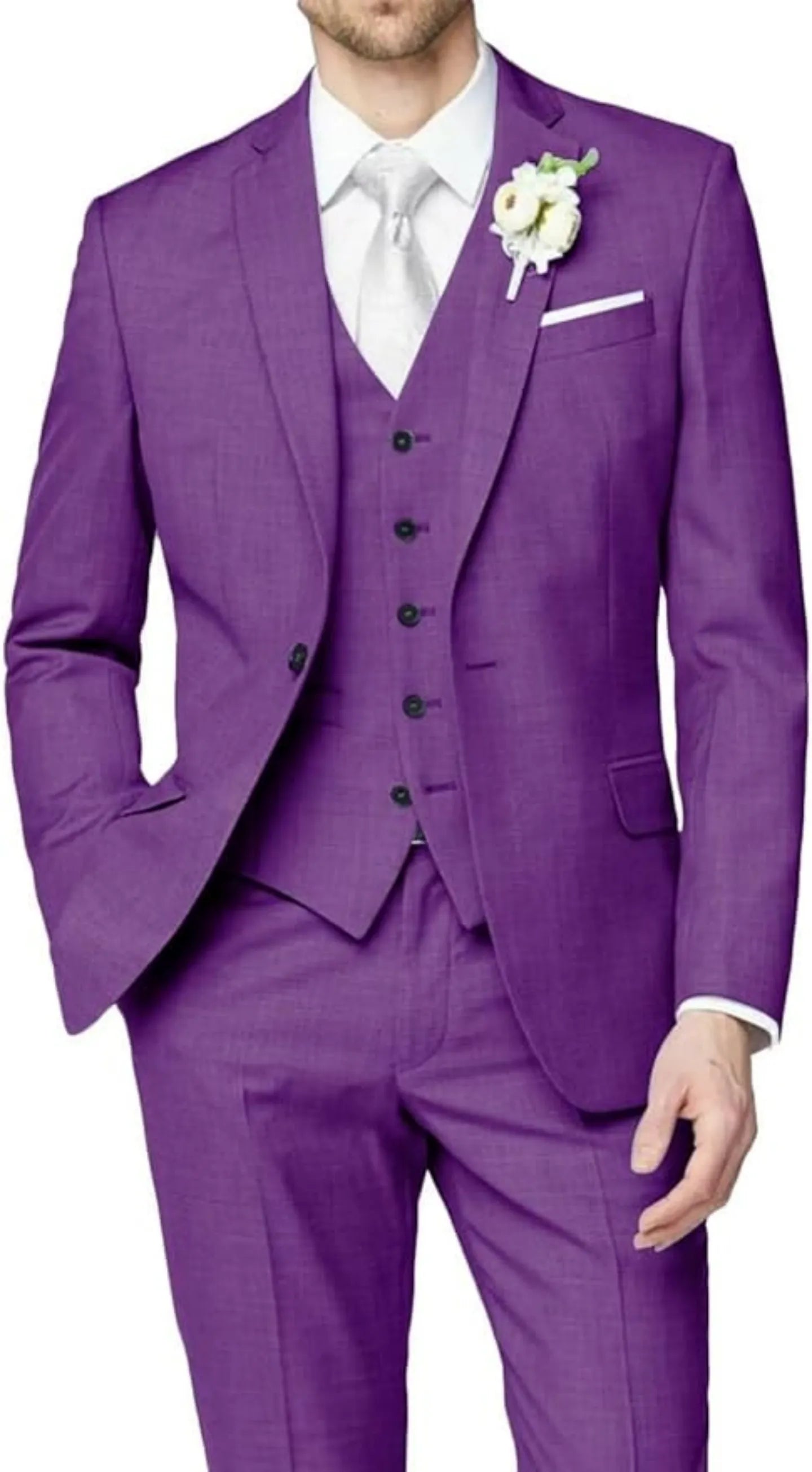 front view of purple wedding groomsmen 3 piece men's suit with tailored blazer, buttoned vest, slim trousers, white shirt, and silver tie with boutonniere