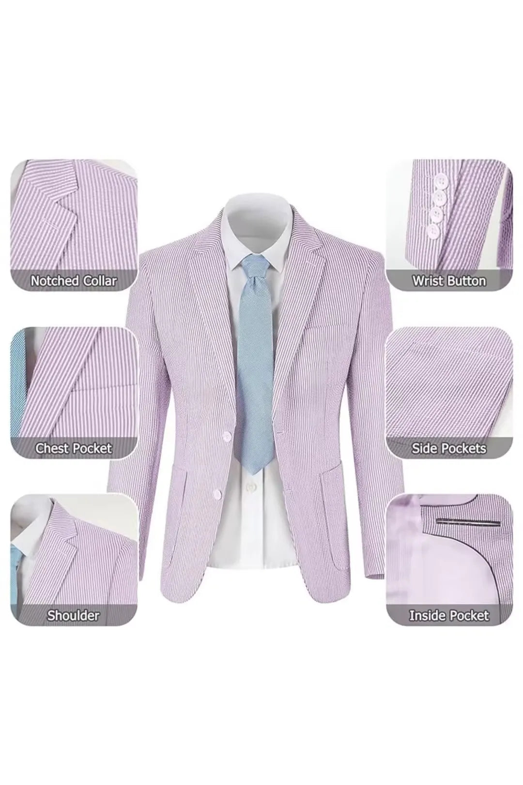 Purple-and-white seersucker blazer displaying pockets, lapels, and its breathable fabric texture.