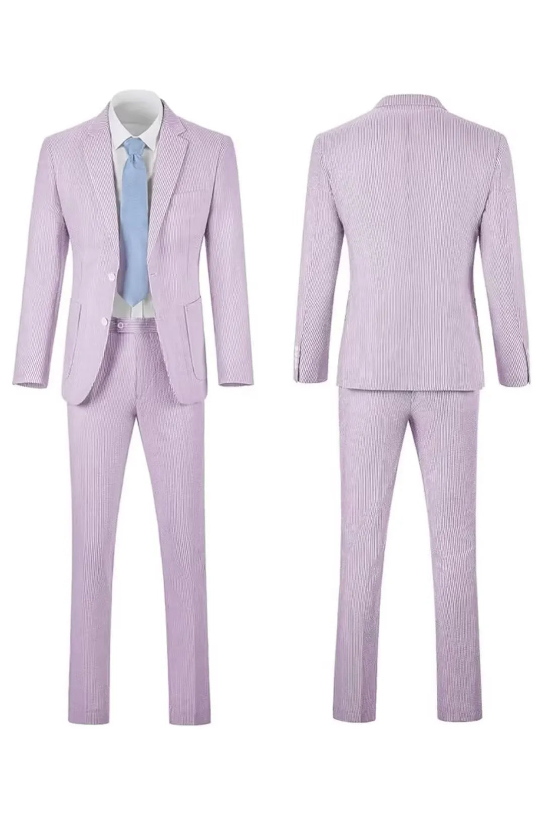 Full front and back view of a men's purple-and-white striped seersucker blazer set for a stylish summer appearance.