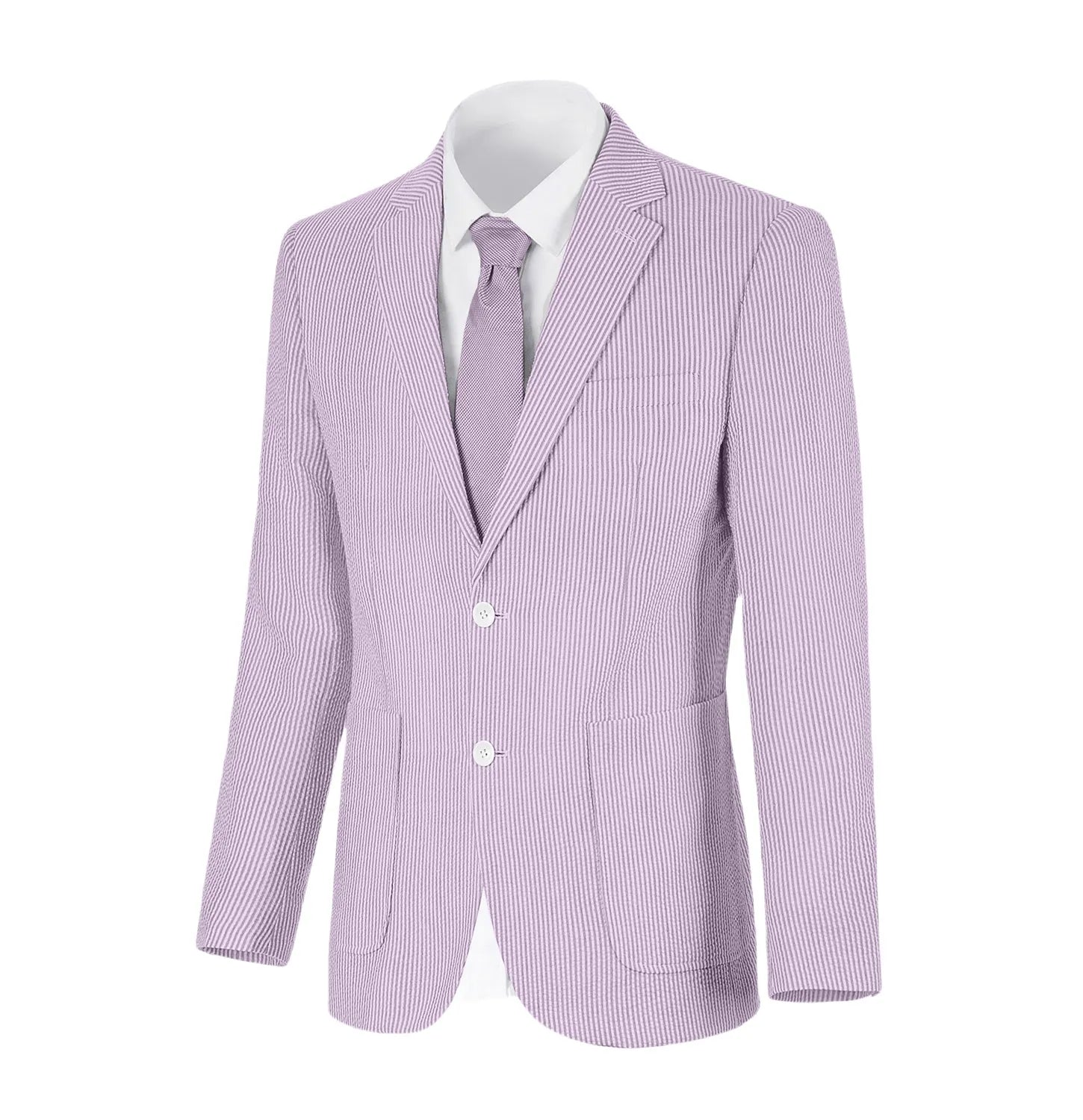 Purple-and-white striped summer blazer styled with a matching tie and shirt, front-facing on display.