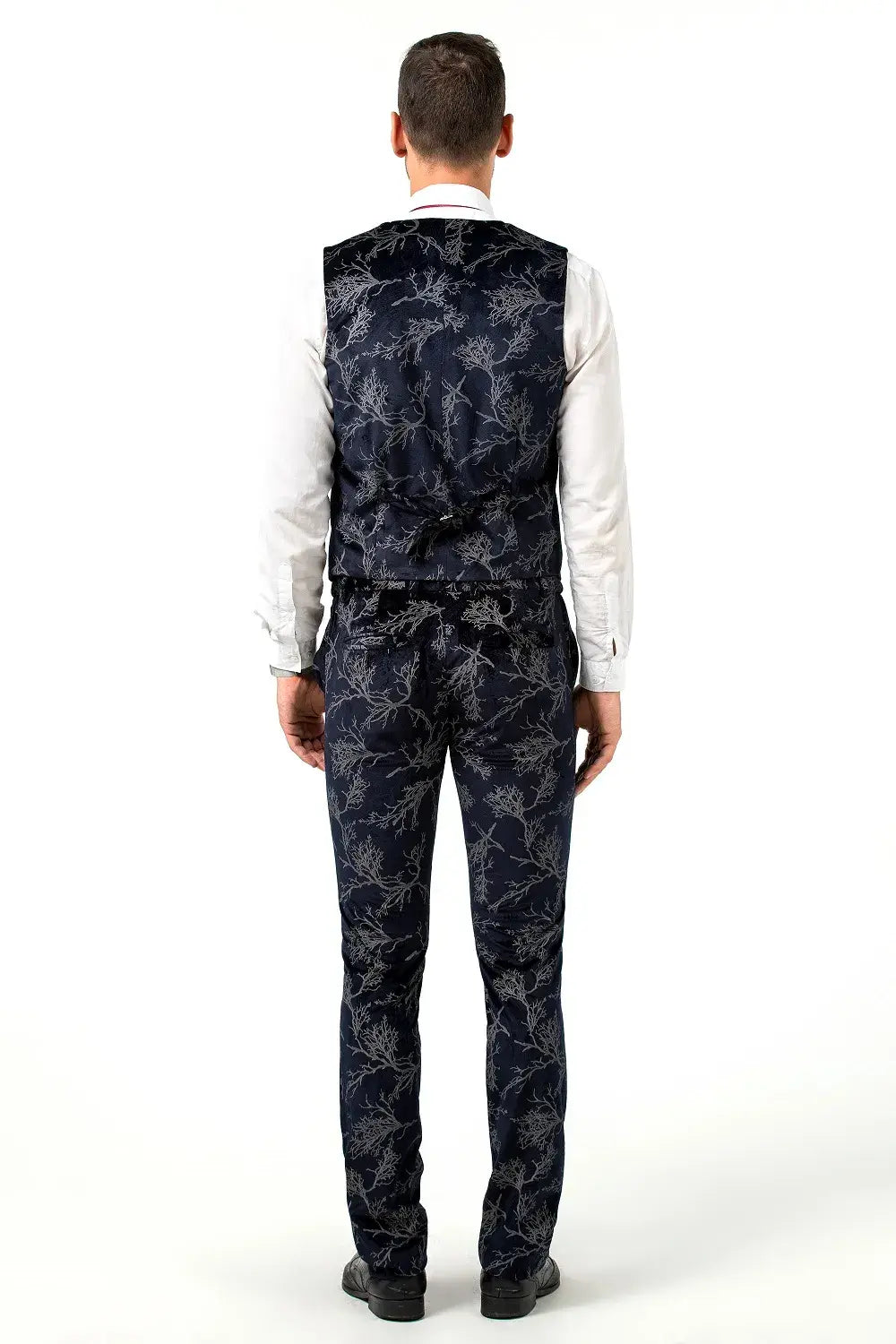 Rear view of men's navy patterned velvet vest and trousers – formal 3 piece suit