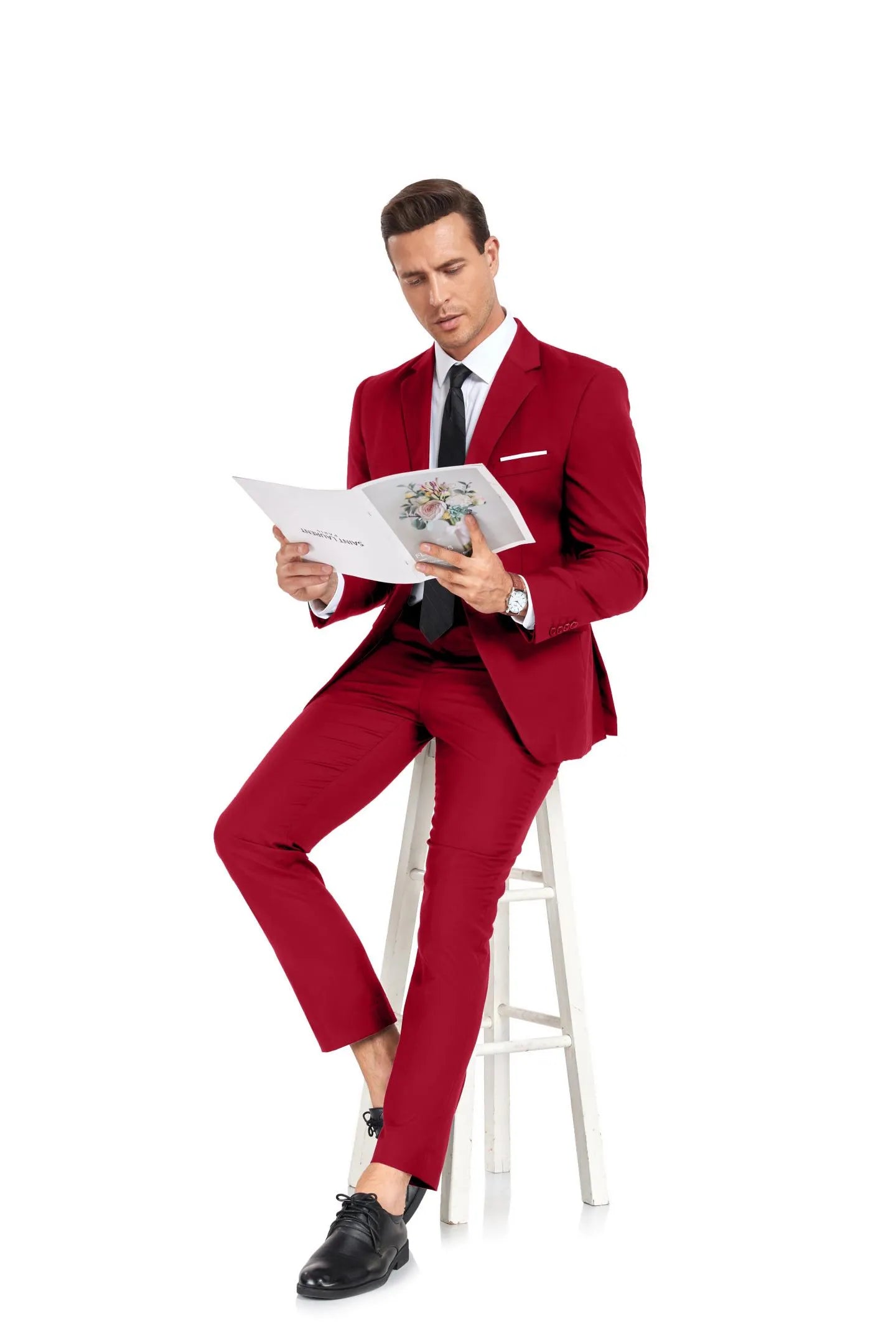 modern red two button 2 piece men's suit with white pocket square, business or wedding outfit