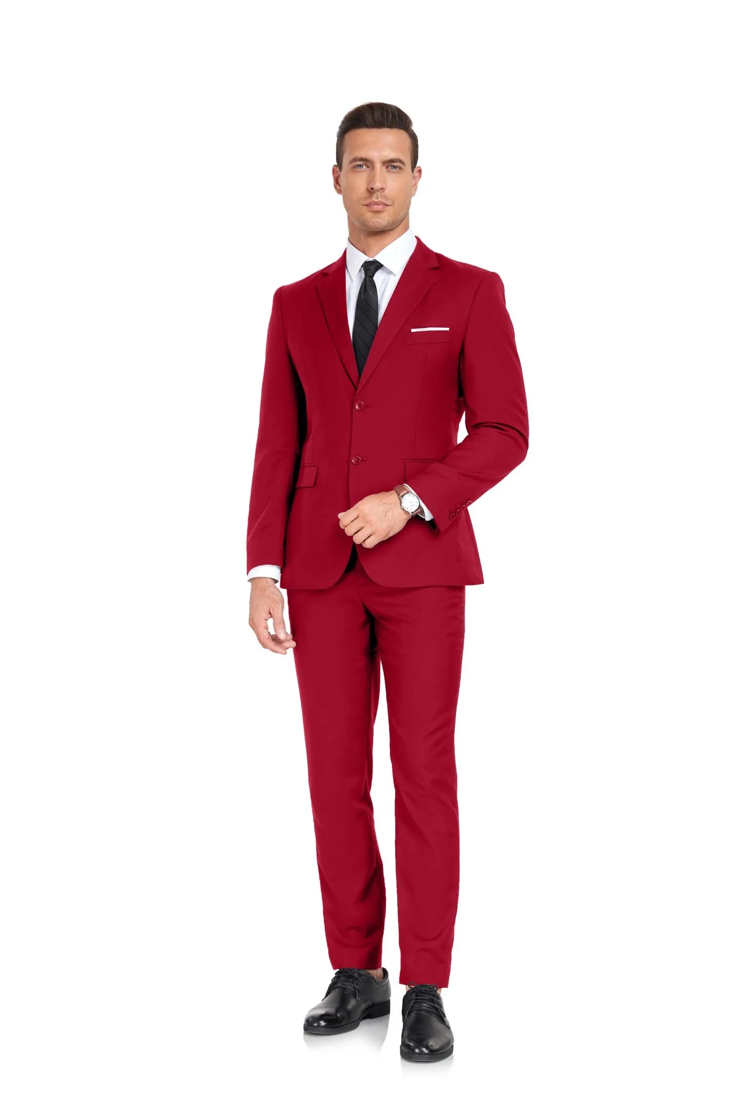 front view of red two button 2 piece men's suit with notch lapel and black tie, slim fit formal style