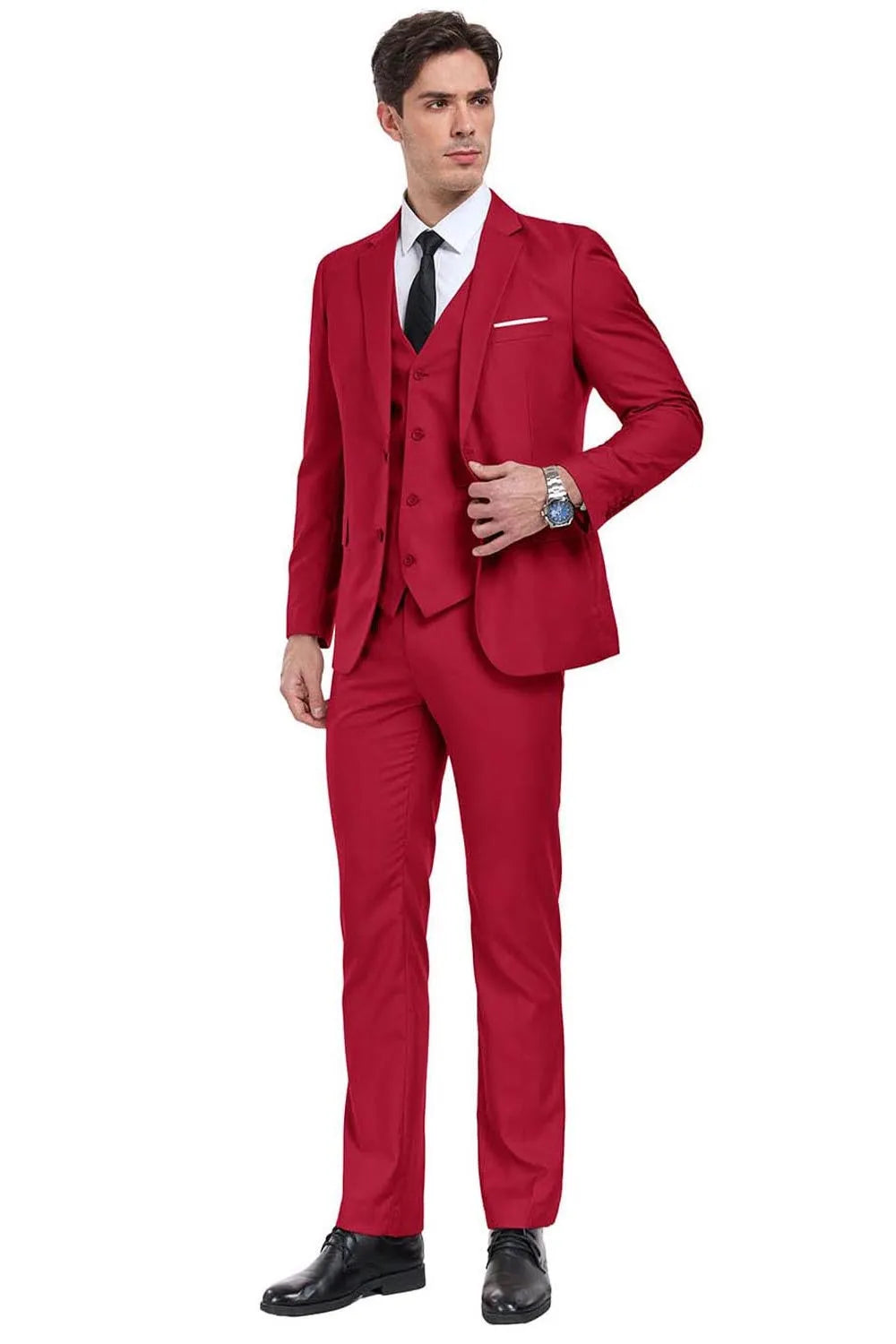 Full front view of red 3 piece men's slim fit suit with blazer, vest, and trousers – formal wedding style