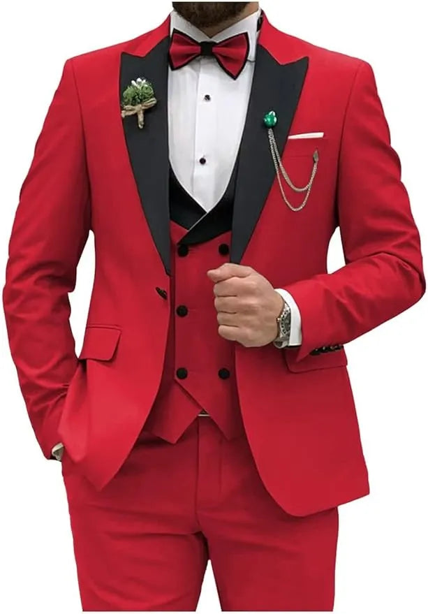 red double breasted 3 piece suit with black lapel – front view