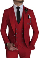 front view of men's red double-breasted one-button 3 piece suit – includes blazer, vest, trousers with black tie and boutonniere for formal attire