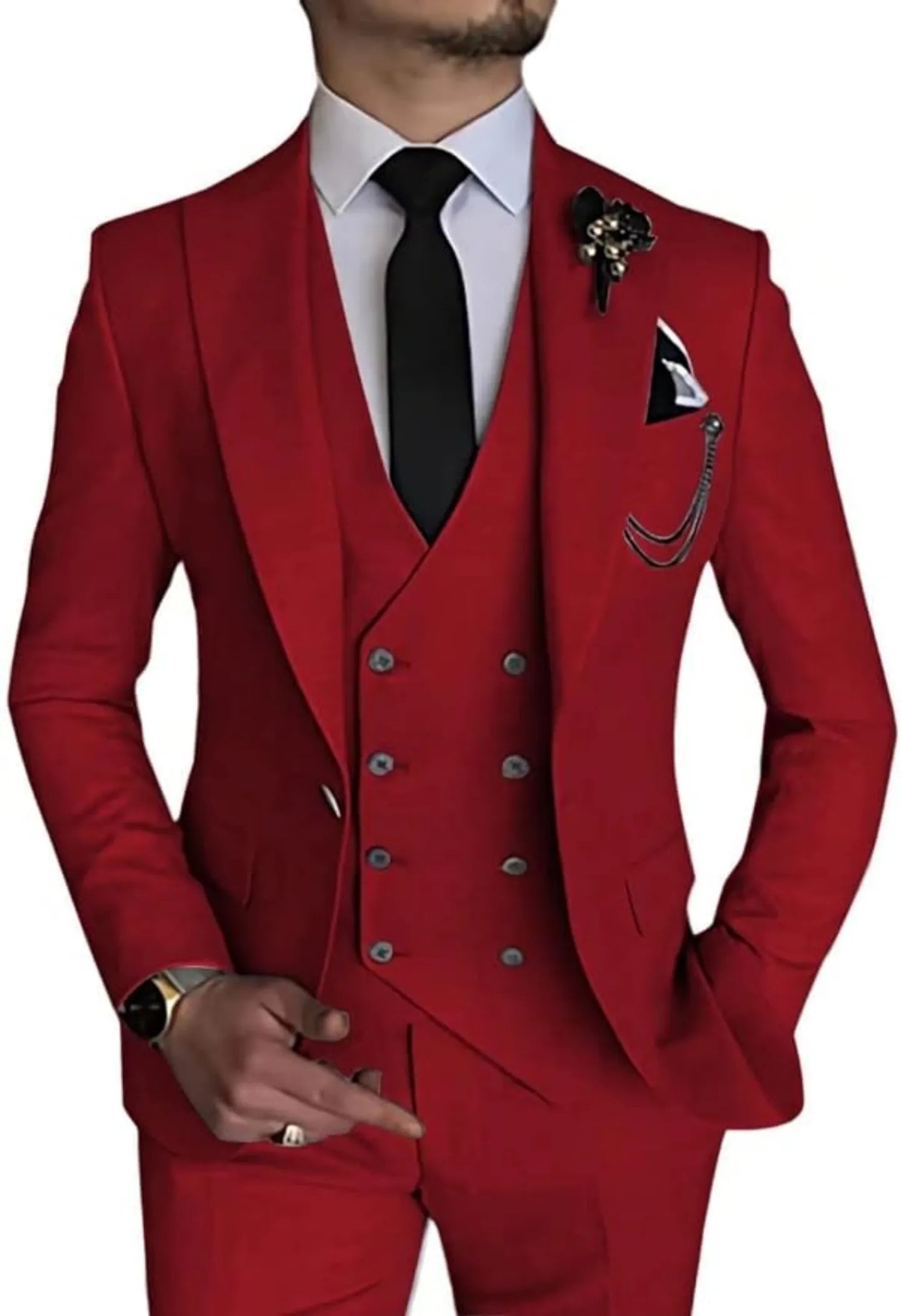 front view of men's red double-breasted one-button 3 piece suit – includes blazer, vest, trousers with black tie and boutonniere for formal attire