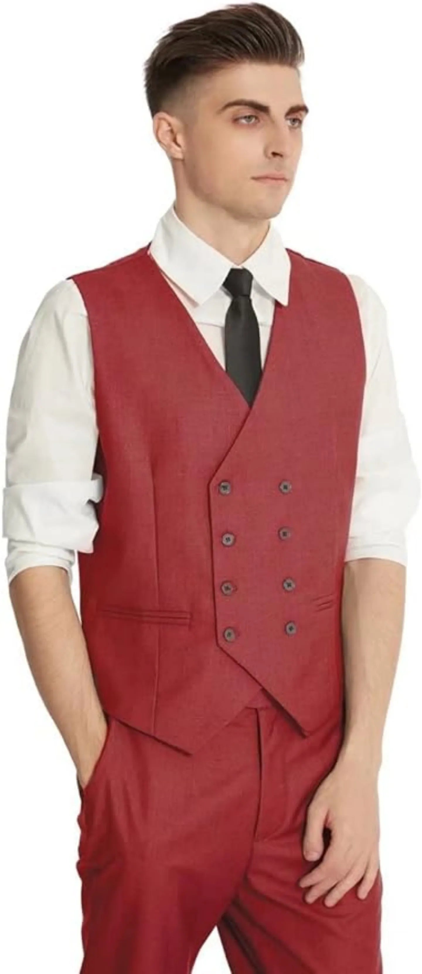 model wearing red double-breasted vest and trousers from men's 3 piece suit – styled with white shirt and black tie for classic formal look