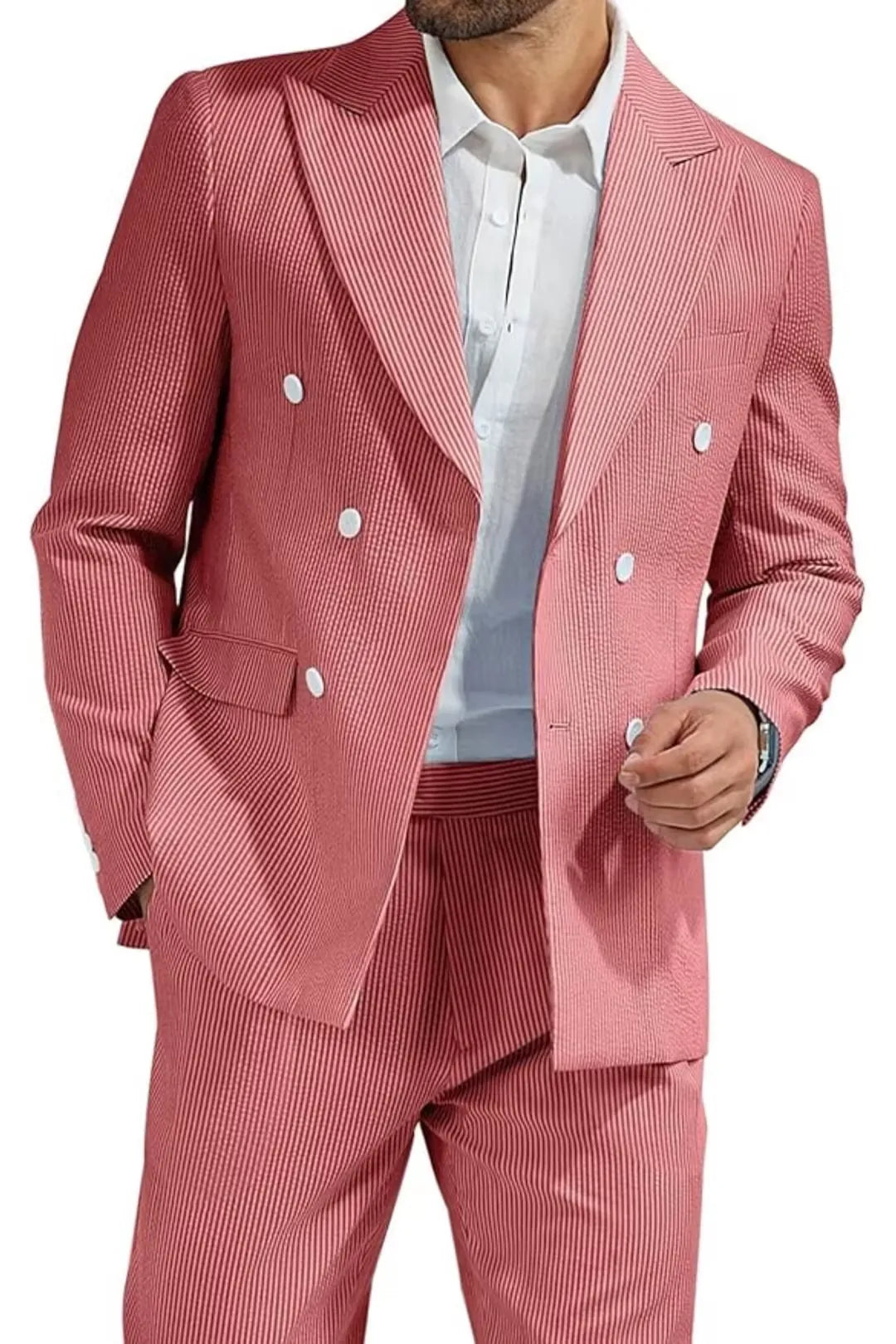 detailed texture of men's red double-breasted seersucker suit – showing the fine stripe pattern and lightweight fabric ideal for summer.