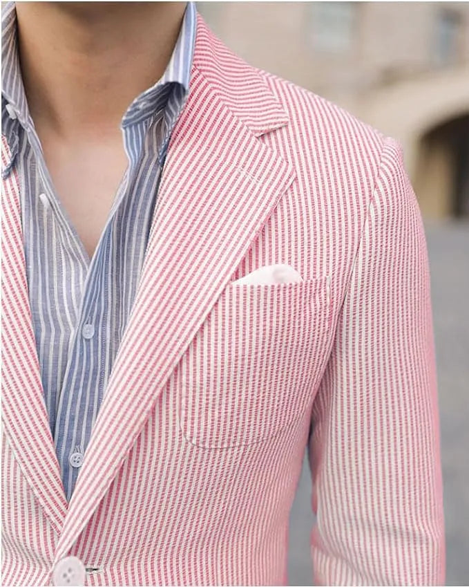 Close-up of men’s red seersucker jacket – breathable texture and casual lapel detail