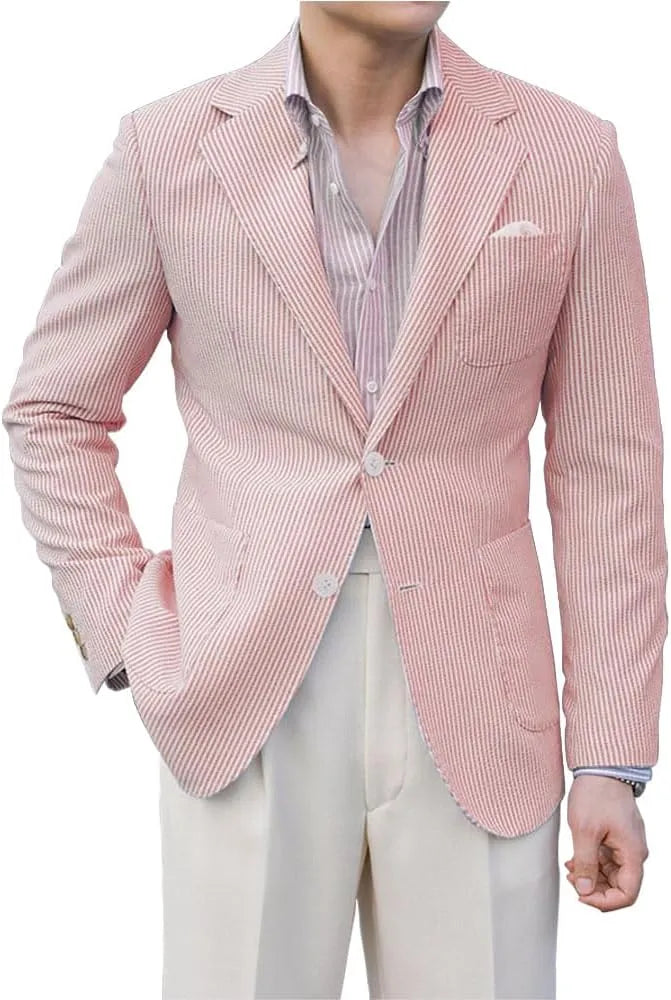Red striped seersucker blazer for men – lightweight summer jacket front view