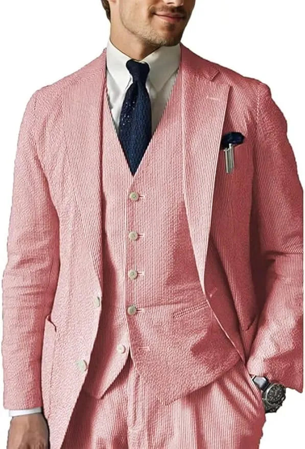 Red seersucker wedding suit for men – 3 piece summer blazer vest set