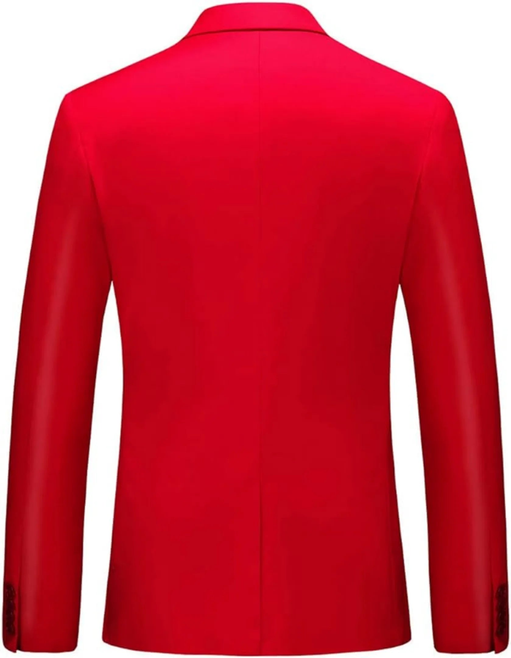 back view of men's red single-breasted one button suit blazer, highlighting the sleek design and sharp lines for a tailored look.