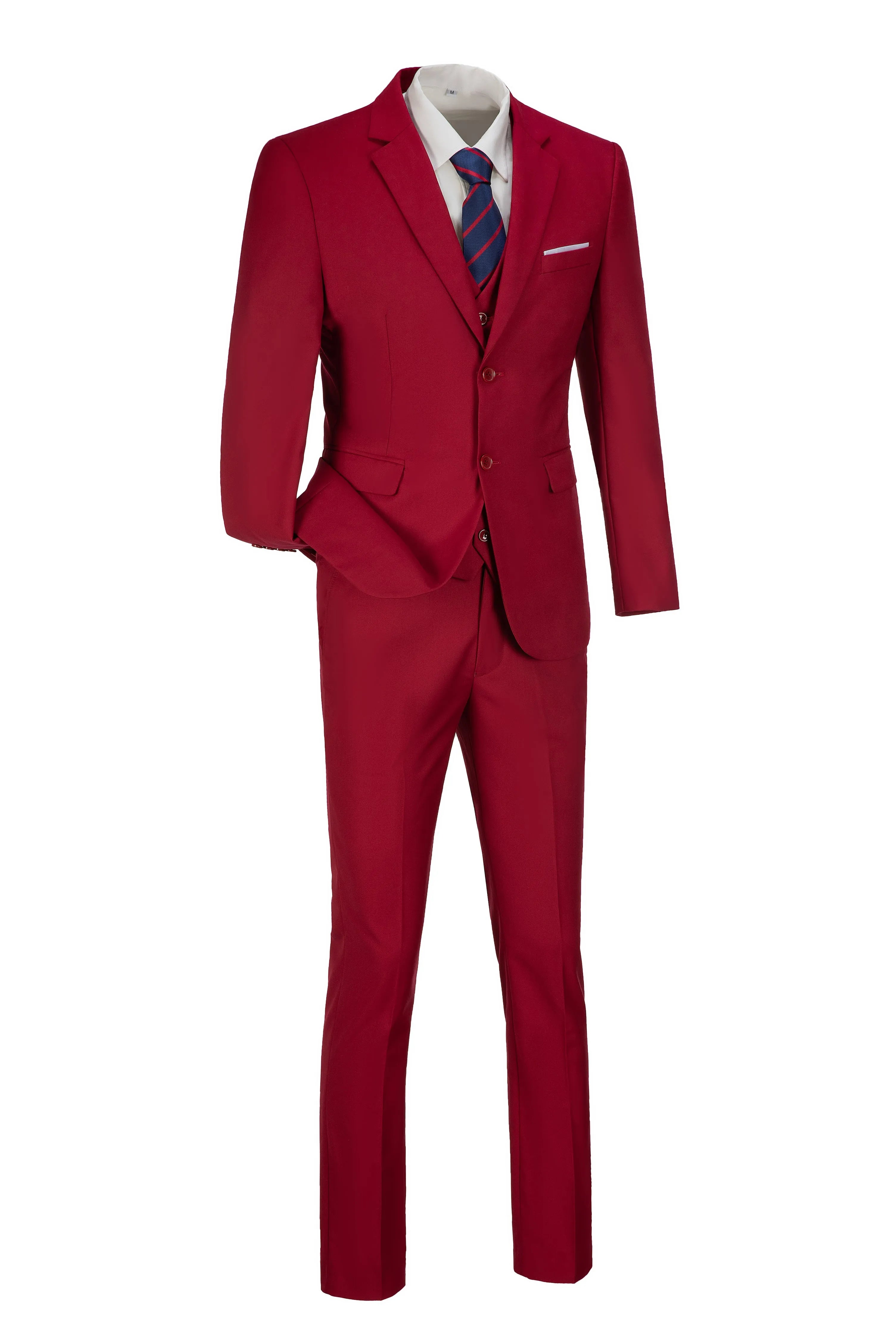 Red men's slim fit blazer with matching trousers and vest – classic two button 3 piece suit