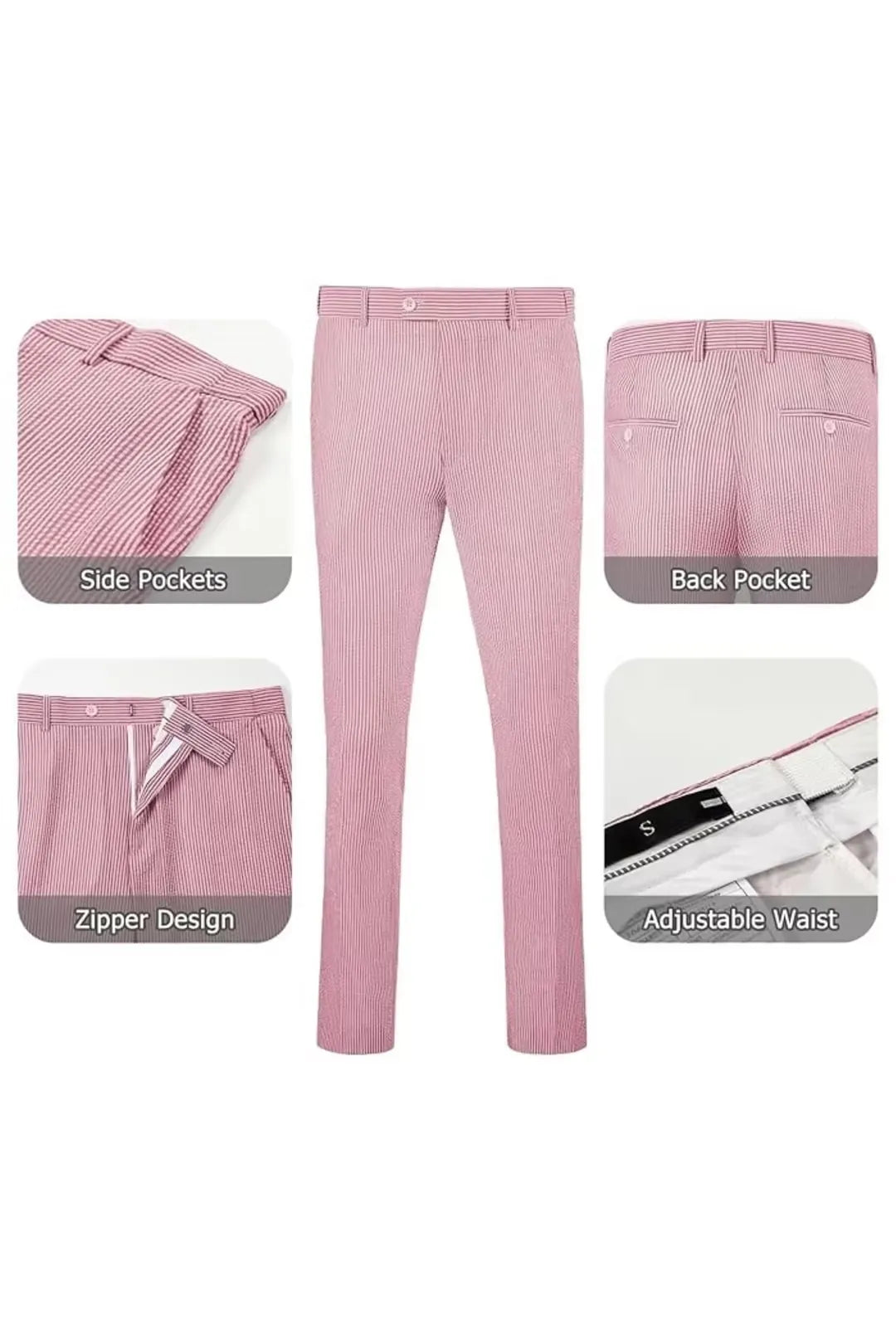 Red-and-white striped seersucker pants with adjustable waist and zipper for a comfortable fit.