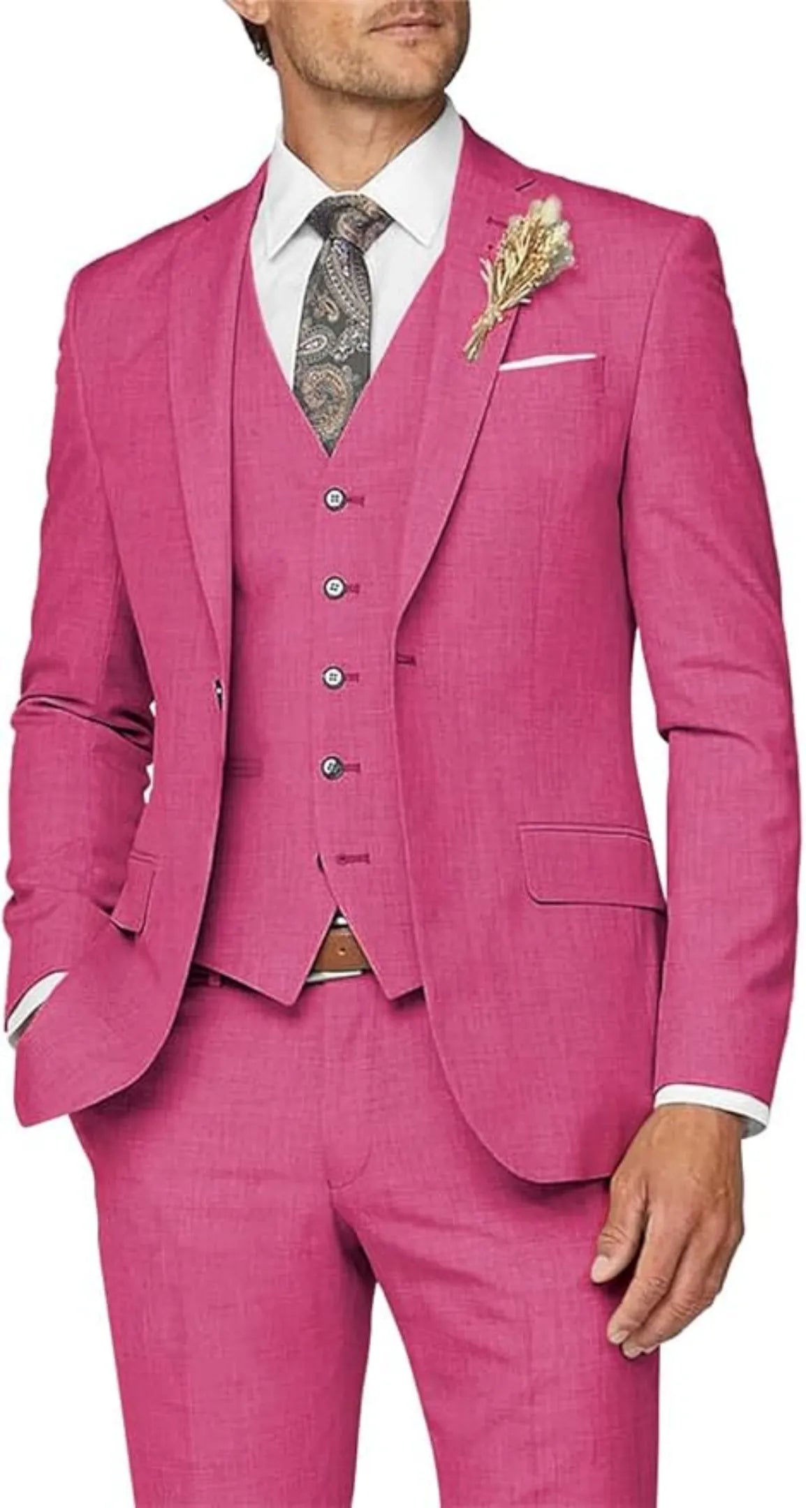 rose red 3 piece suit for men: formal wedding prom outfit with slim blazer, vest, trousers & lapel flower