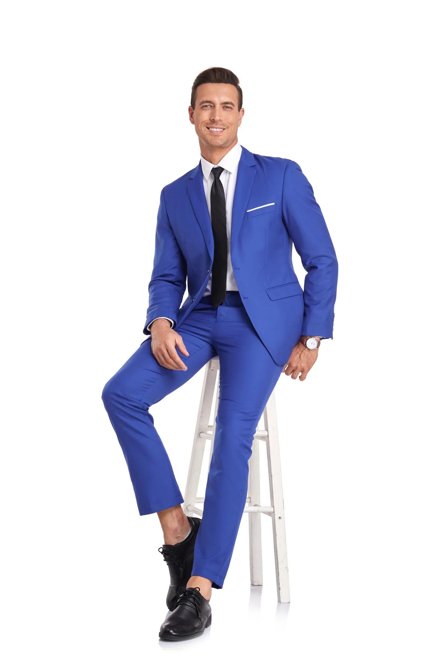 two button royal blue men's suit set with fashion-forward formal blazer and pants design