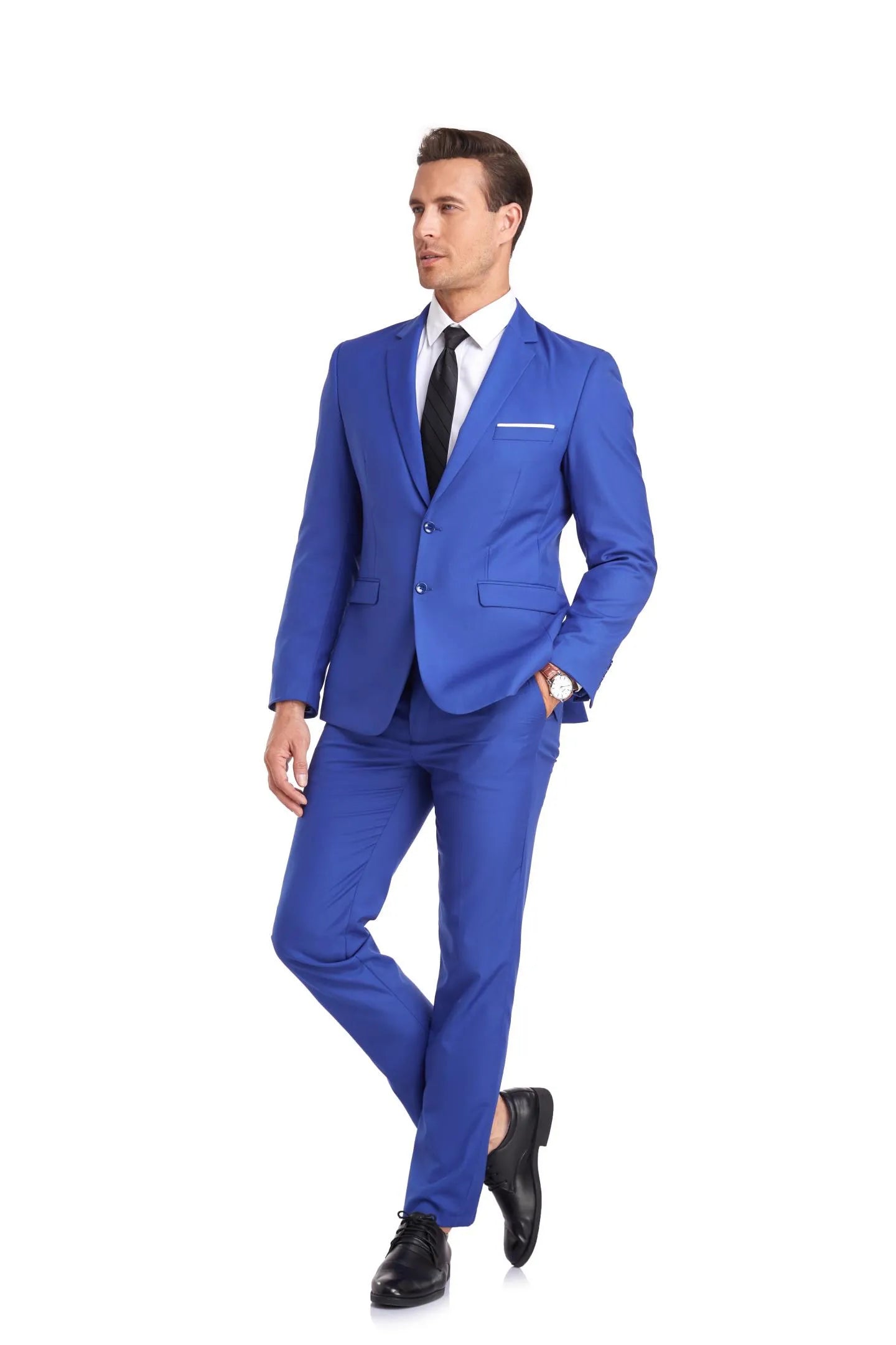 stylish royal blue blazer and pants set, sharp and vibrant two button 2 piece men's suit