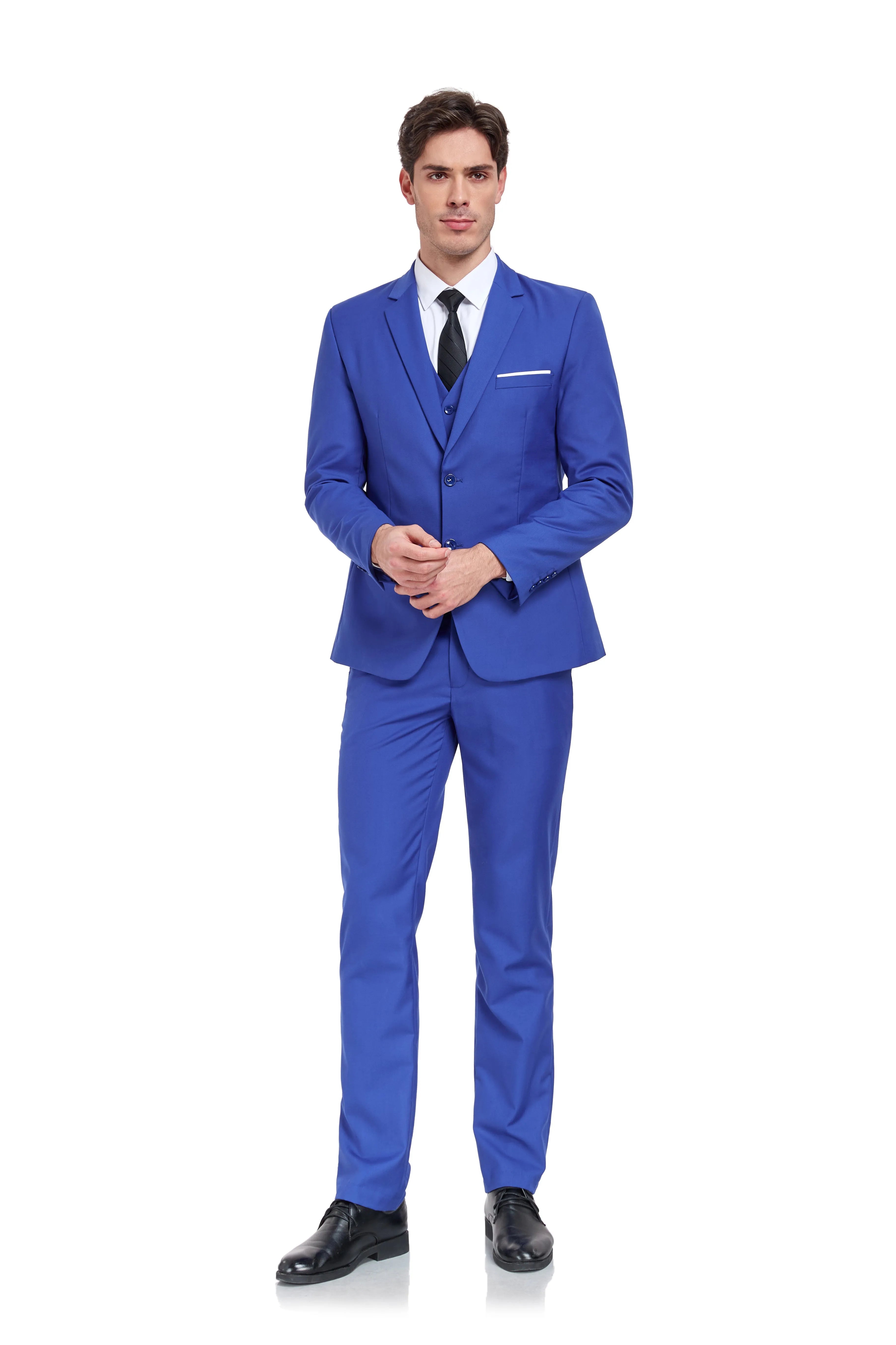 royal blue slim fit 3 piece men’s suit with two button blazer, waistcoat, and pants – formal outfit with black tie