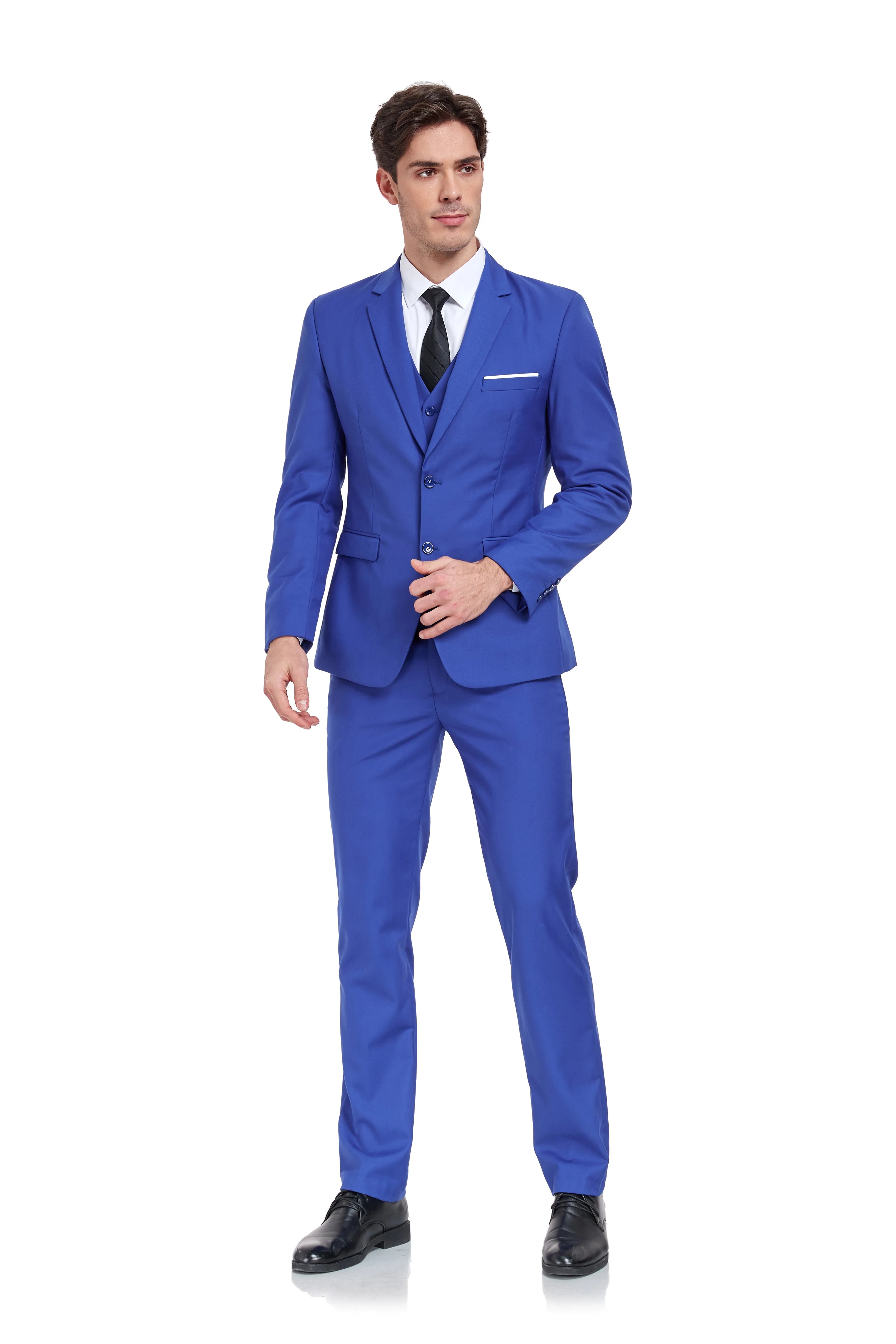 front view of man wearing royal blue two button 3 piece men’s suit with slim fit blazer, vest, trousers, and black tie