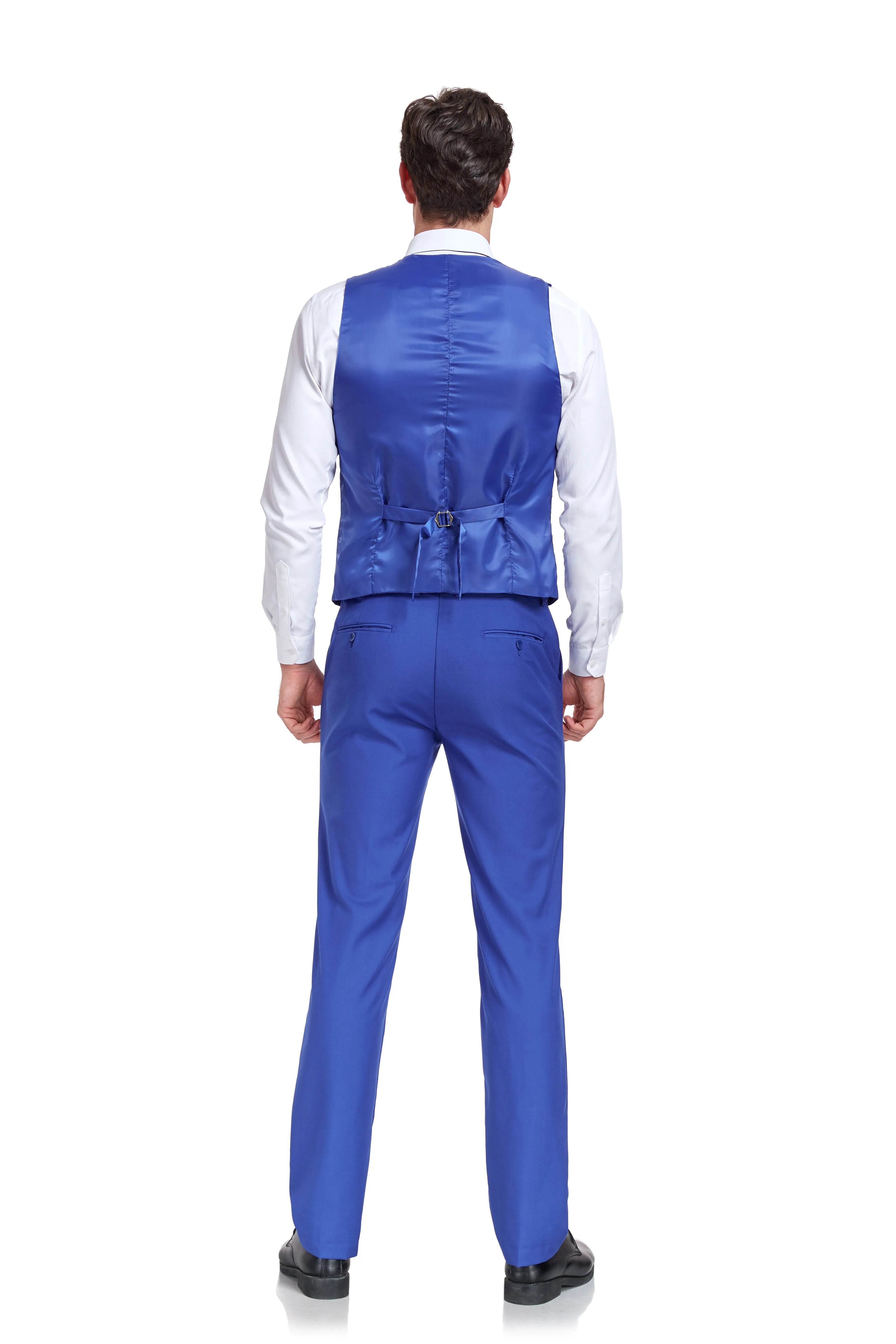 rear view of man wearing royal blue 3 piece men’s suit vest and trousers with adjustable back detail – formal slim fit style