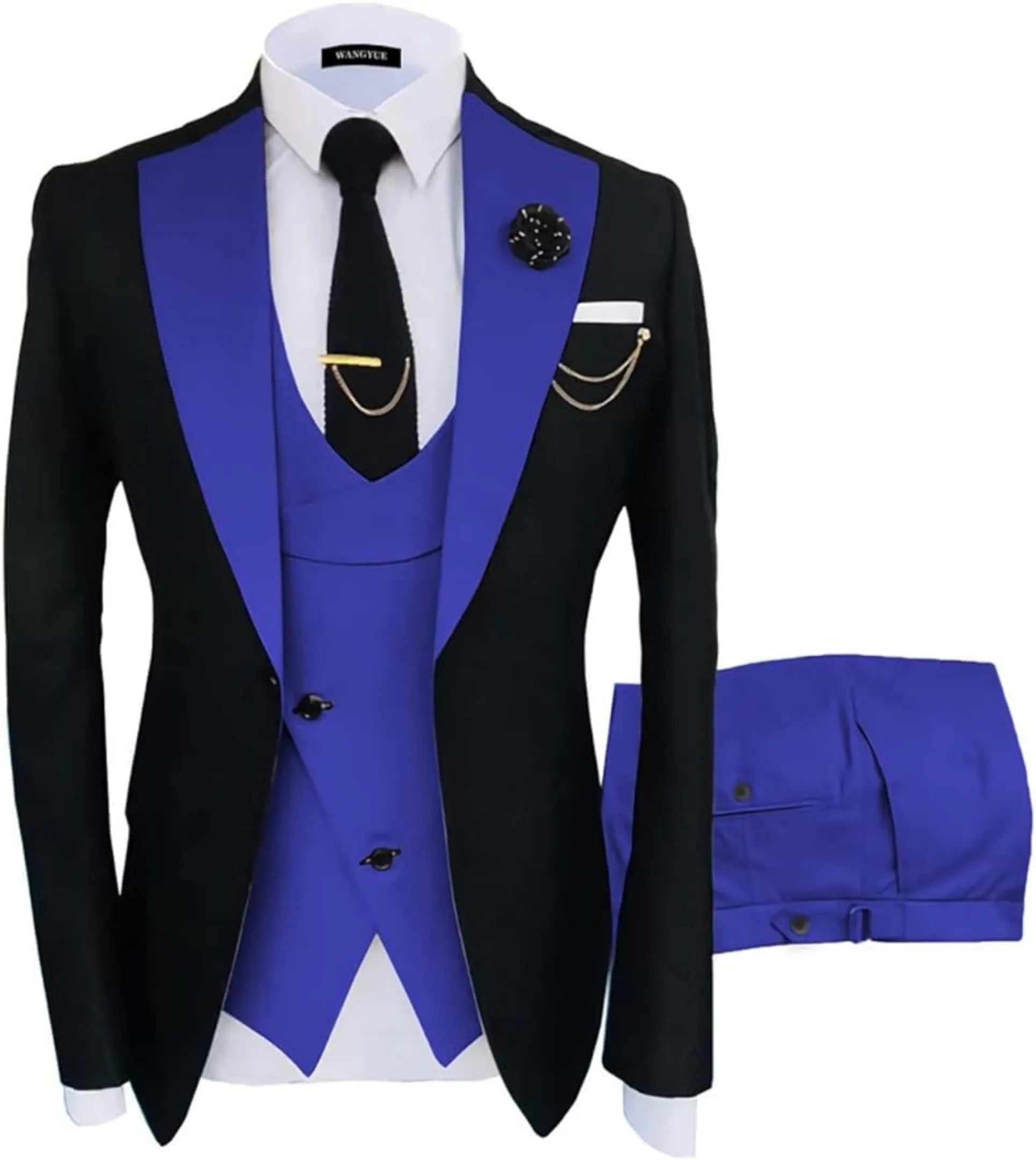 royal blue and black 3 piece men's suit: black blazer with royal blue satin lapel, cross blue vest, gold chain, lapel pin and white pocket square