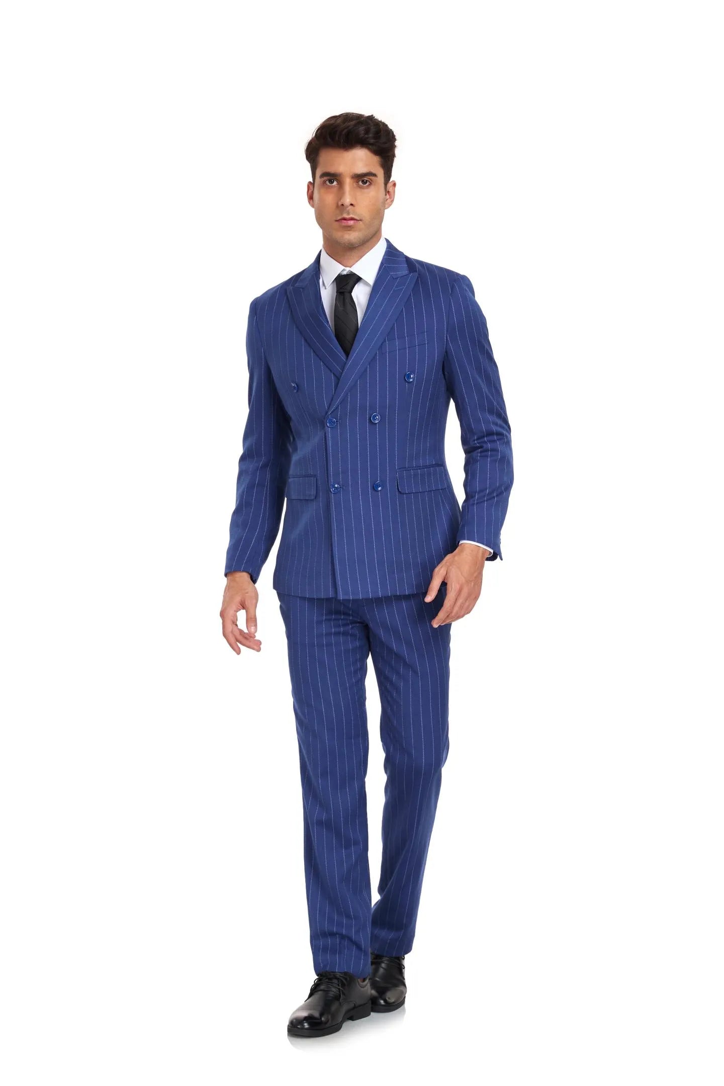 royal blue chalk stripe 3 piece suit with bold double breasted blazer and tailored fit
