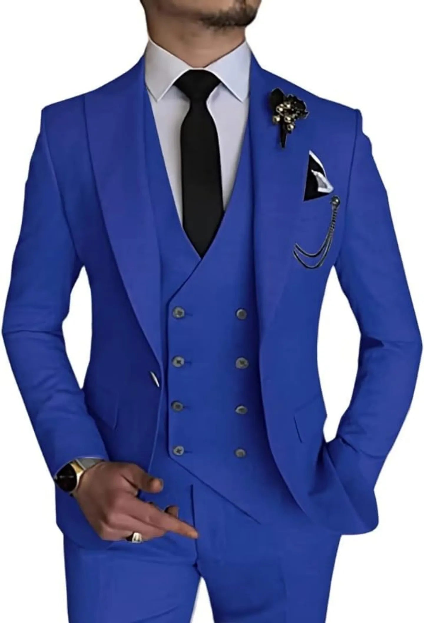 royal blue double-breasted men's 3-piece suit – classic tailored formal outfit with notch lapel, vest, and trousers