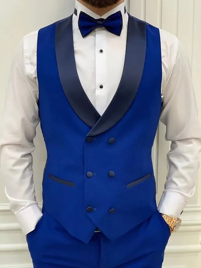 royal blue suit vest detail – double breasted with satin shawl collar