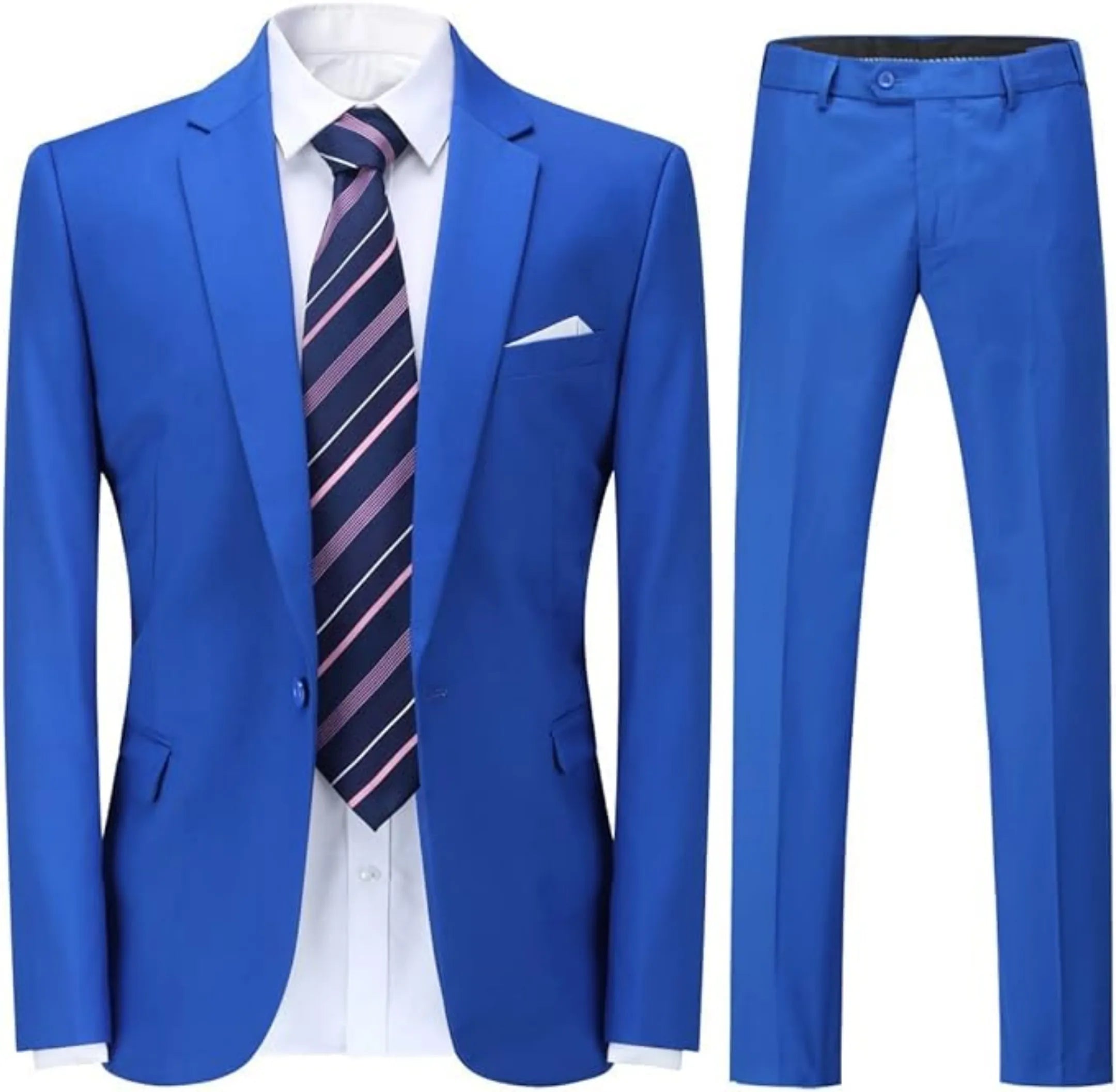 front view of royal blue men's 2-piece suit with one-button blazer and matching trousers, styled with a striped tie.