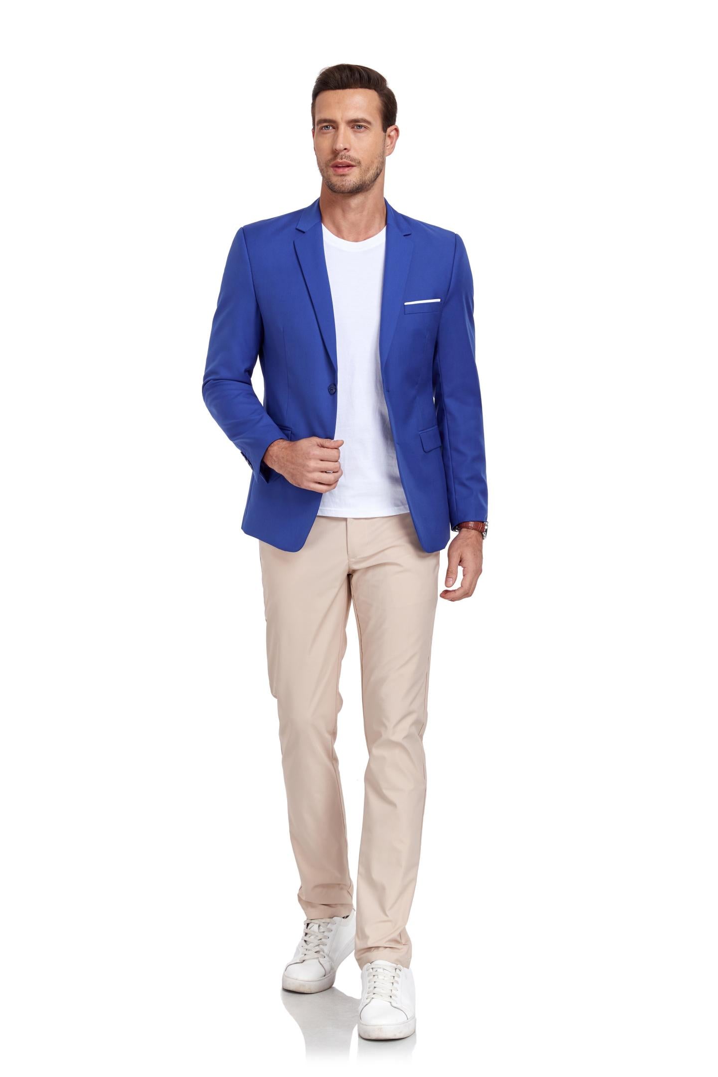 model walking in royal blue blazer, beige pants, and white sneakers – ideal for weddings and ceremonies.