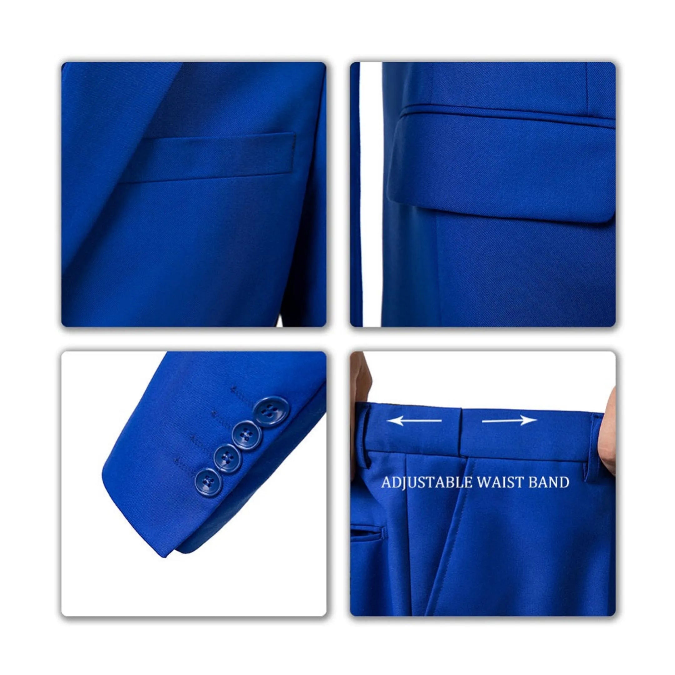 close-up of royal blue slim-fit two-button 3-piece suit showing pocket, cuff details, and adjustable waistband on the pants.