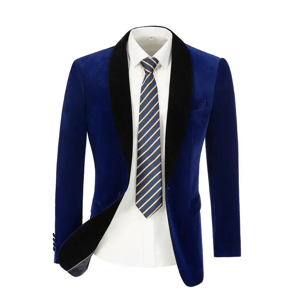 Royal blue velvet blazer with black shawl lapel worn with striped tie and white shirt – formal men's jacket